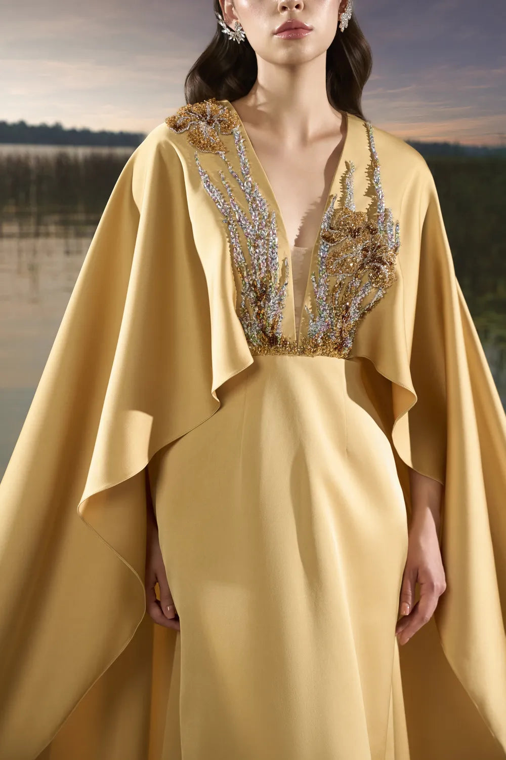 Double Embellished Wavy Flap A-Line Dress - TRACY COUTURE