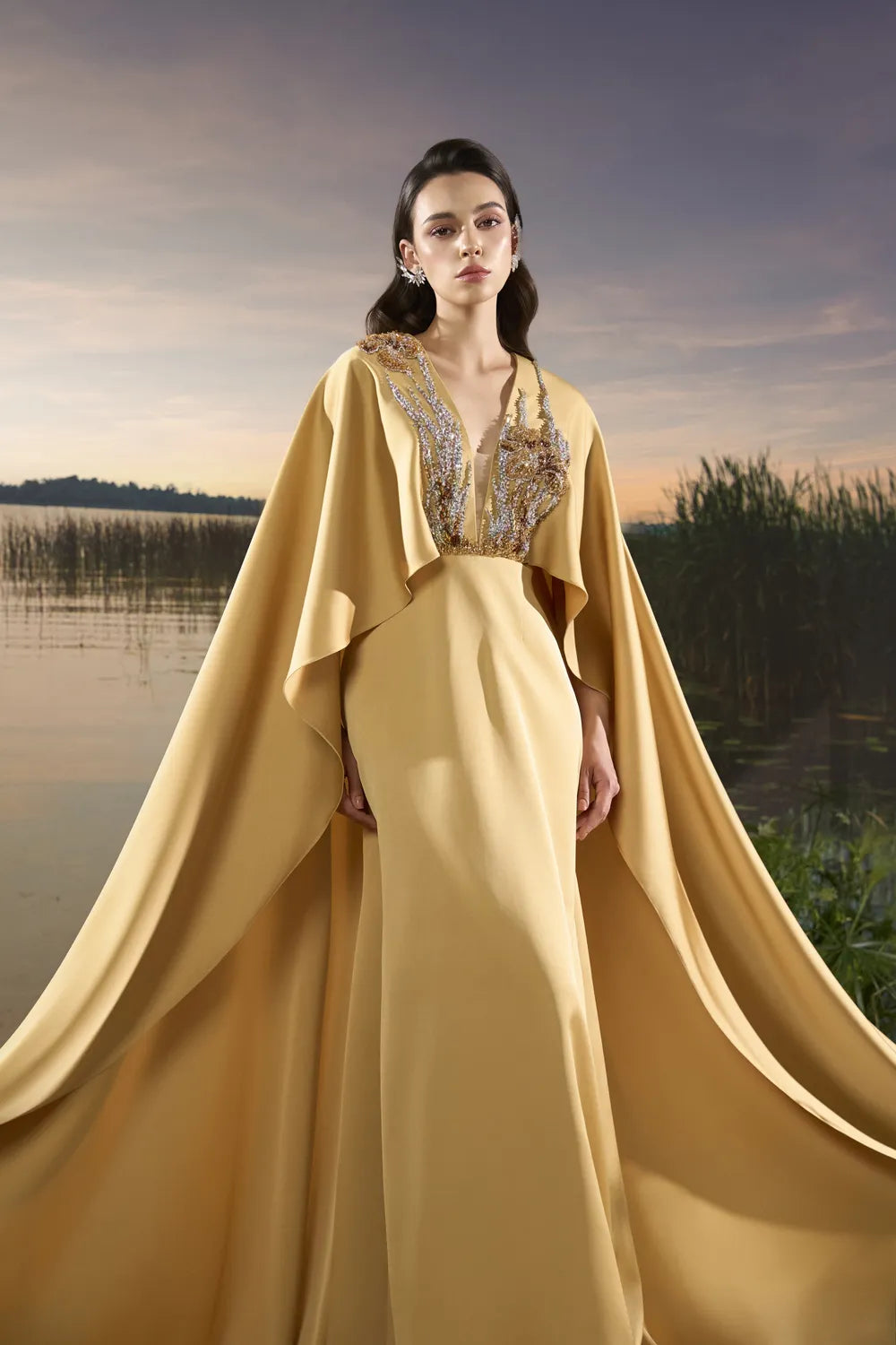 Double Embellished Wavy Flap A-Line Dress - TRACY COUTURE