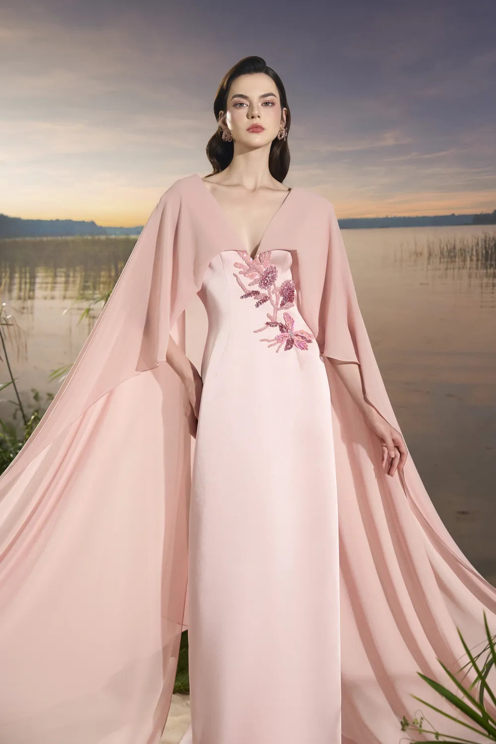 Wide V-Neck Floral Embellished Flowing Flap Dress - TRACY COUTURE