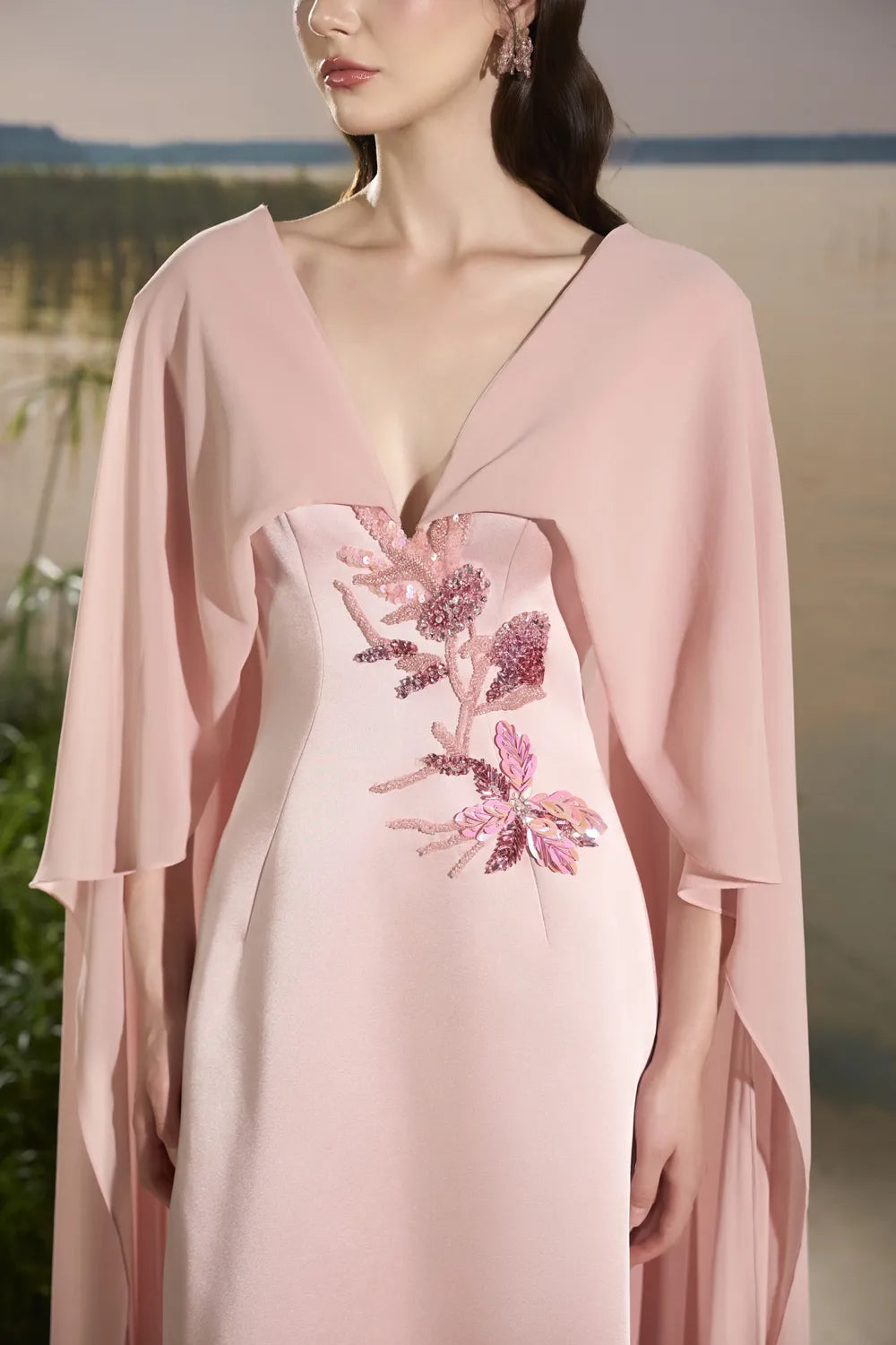 Wide V-Neck Floral Embellished Flowing Flap Dress - TRACY COUTURE