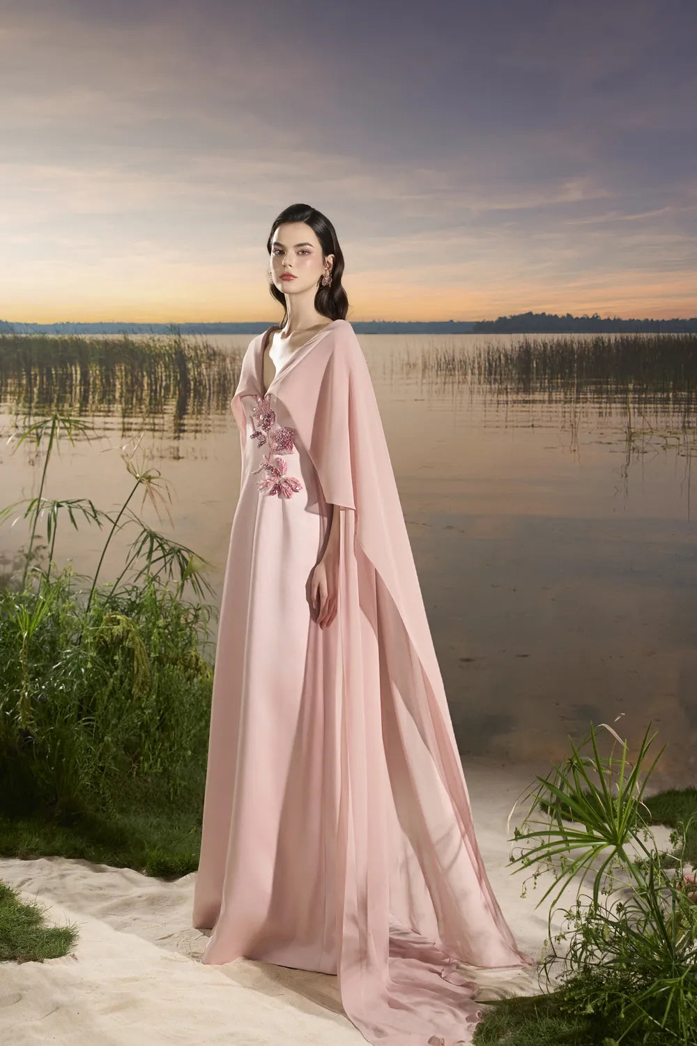 Wide V-Neck Floral Embellished Flowing Flap Dress - TRACY COUTURE