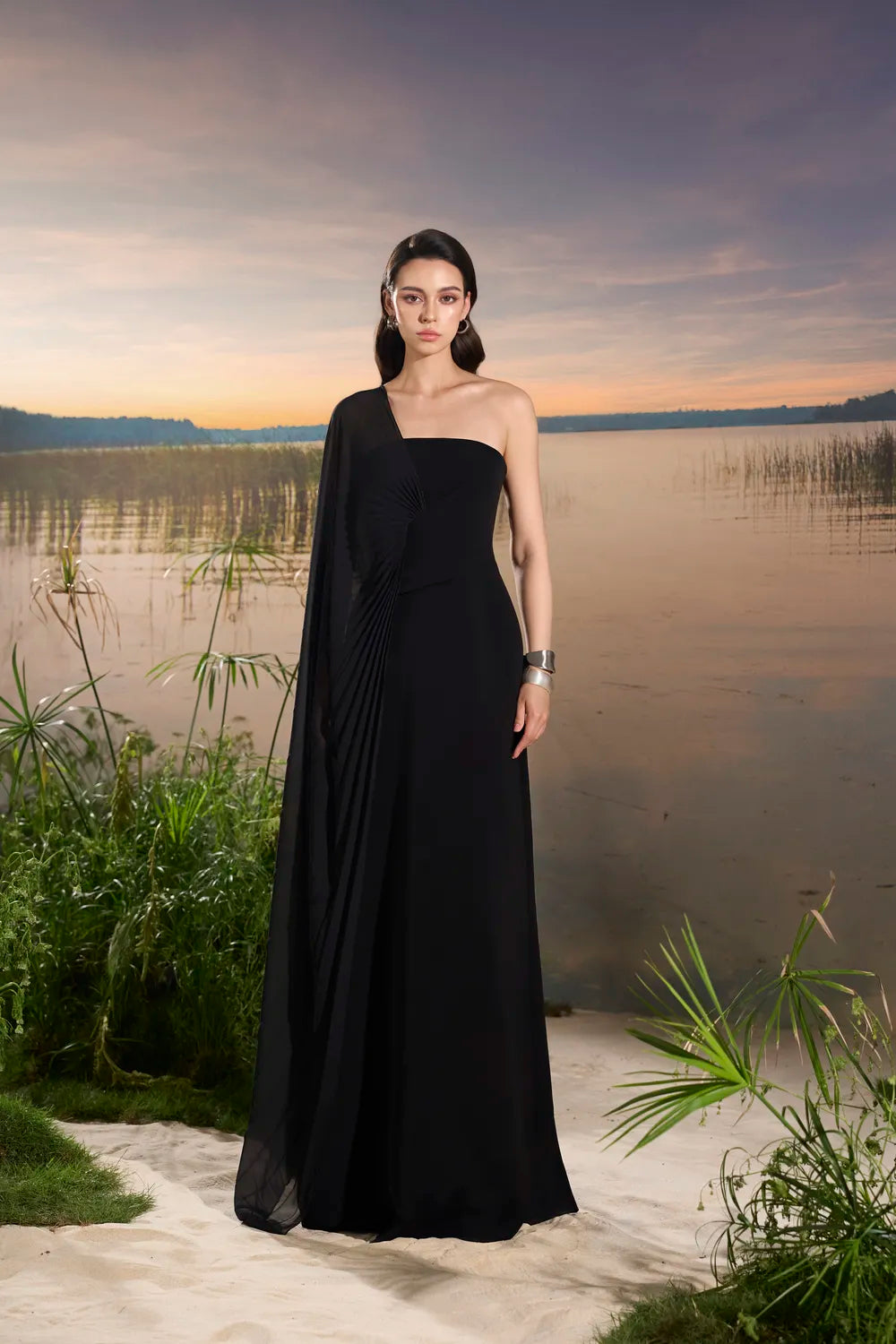 Asymmetric Cape Sleeve A-line Dress