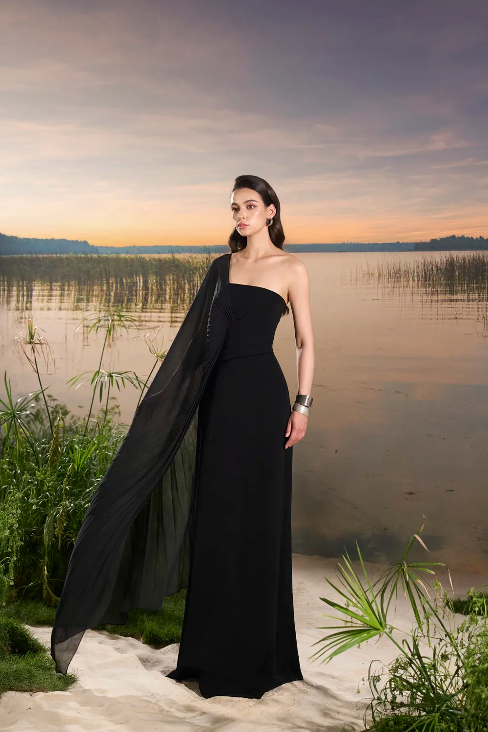 Asymmetric Cape Sleeve A-line Dress - TRACY COUTURE