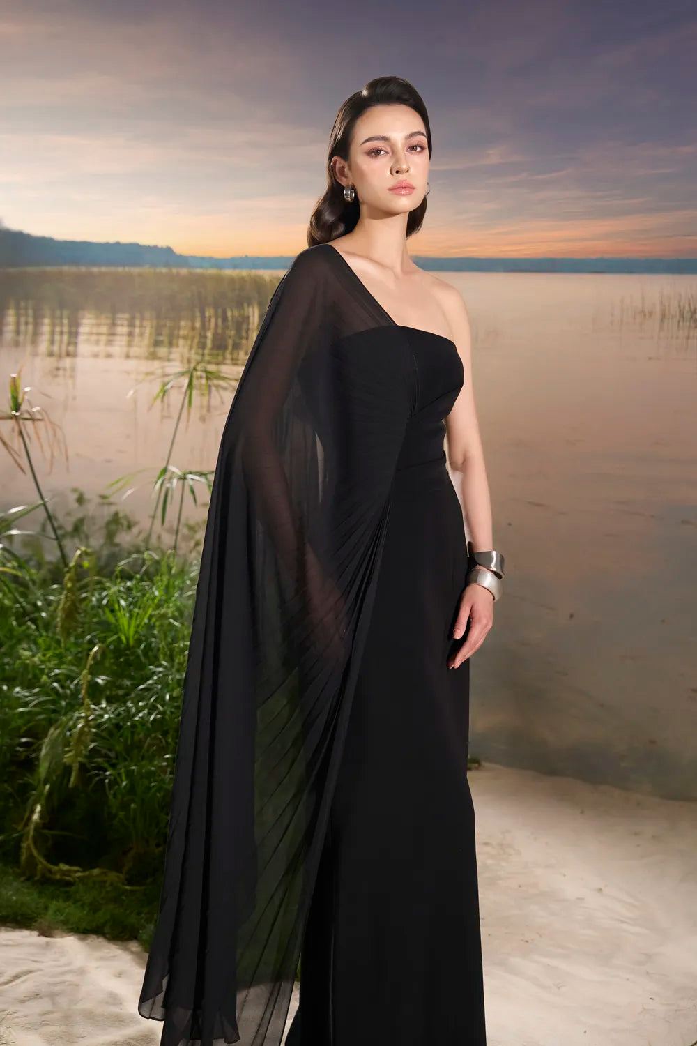 Asymmetric Cape Sleeve A-line Dress - TRACY COUTURE