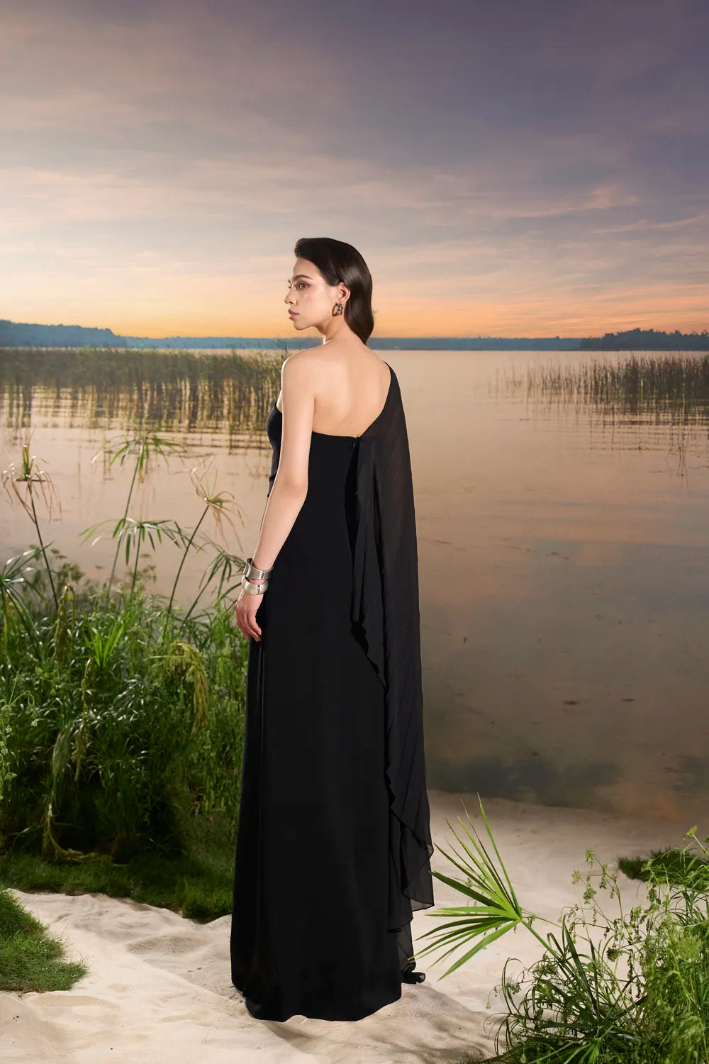 Asymmetric Cape Sleeve A-line Dress - TRACY COUTURE