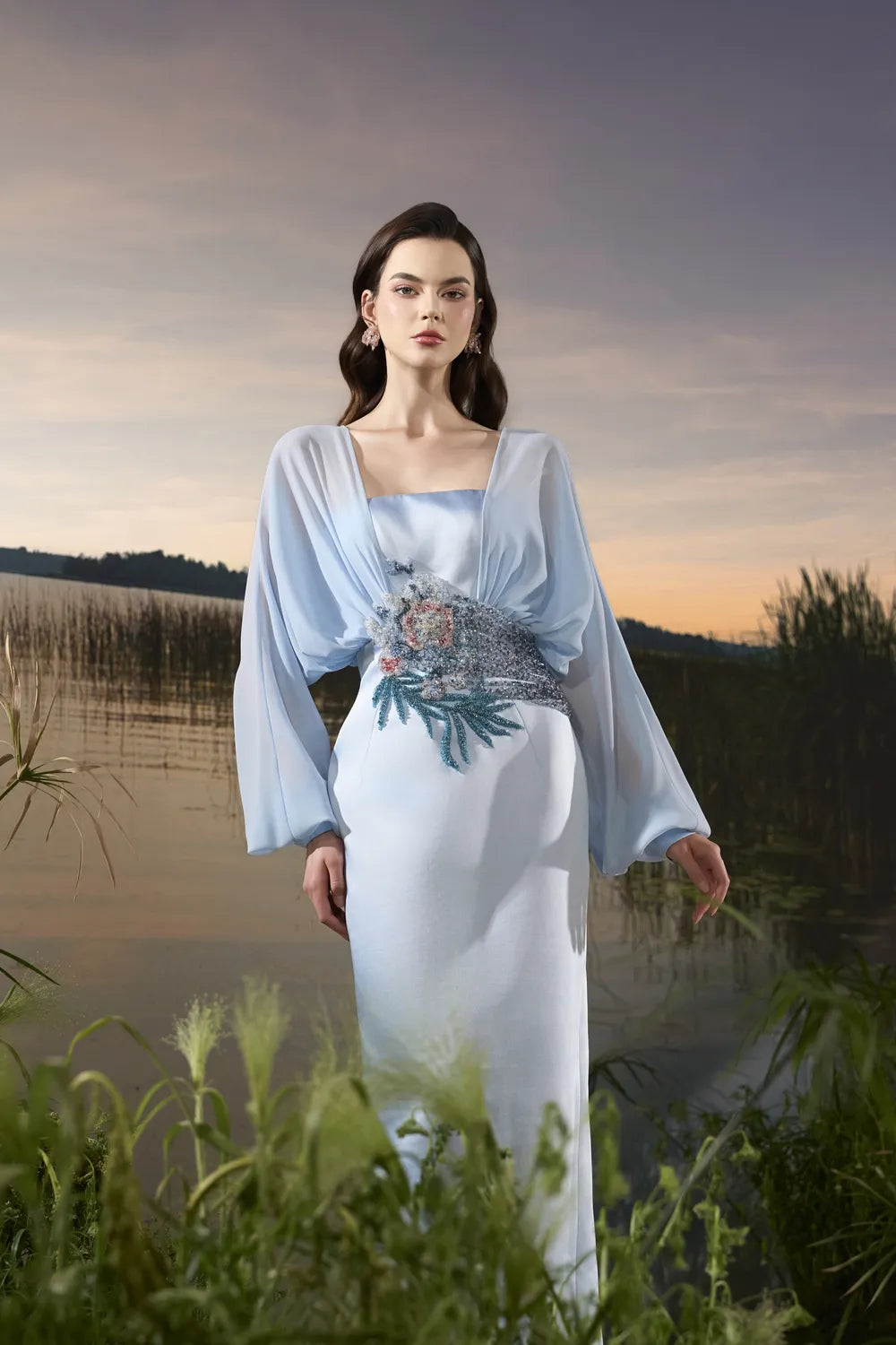 Long Puffy Sleeves Dress - TRACY COUTURE