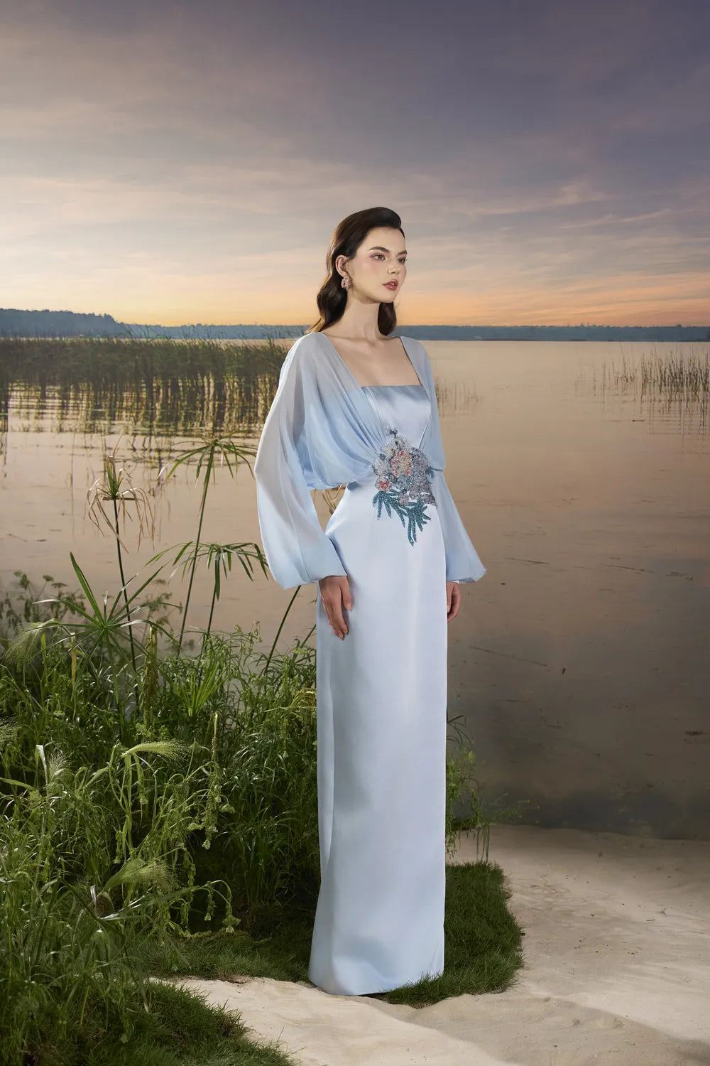 Long Puffy Sleeves Dress - TRACY COUTURE