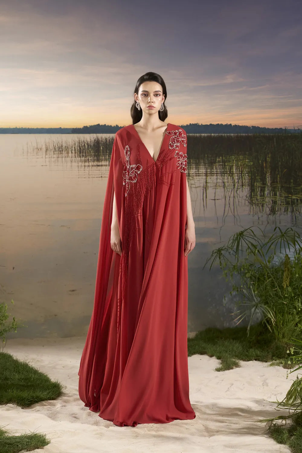 Deep V-Neck Wide Dress - TRACY COUTURE