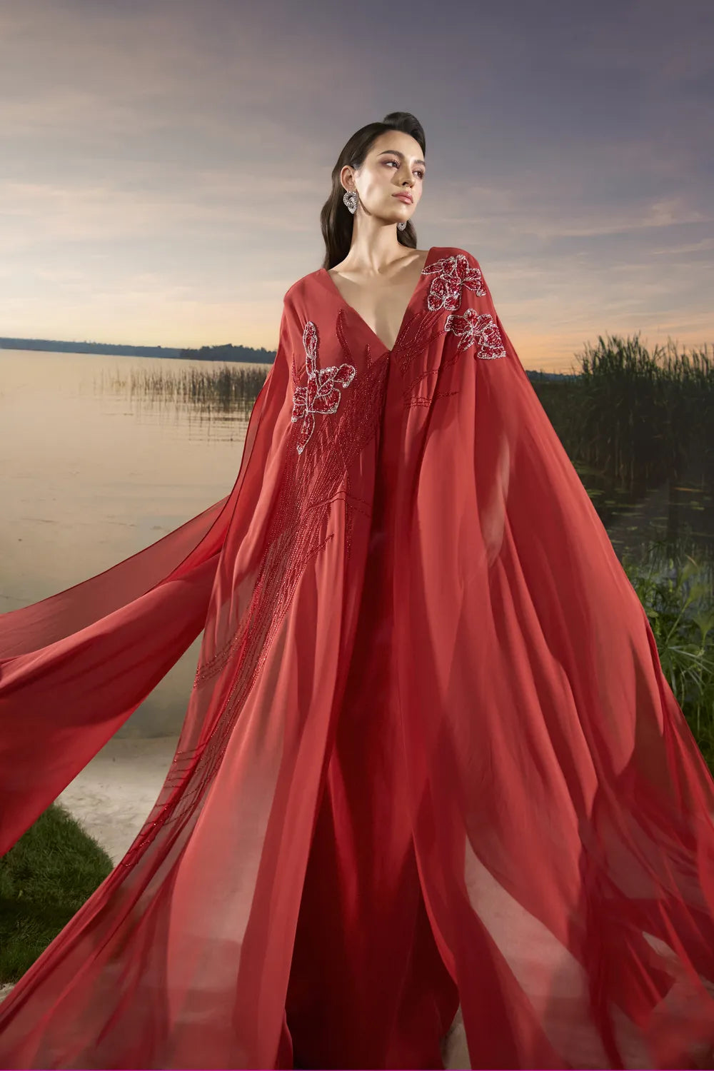 Deep V-Neck Wide Dress - TRACY COUTURE