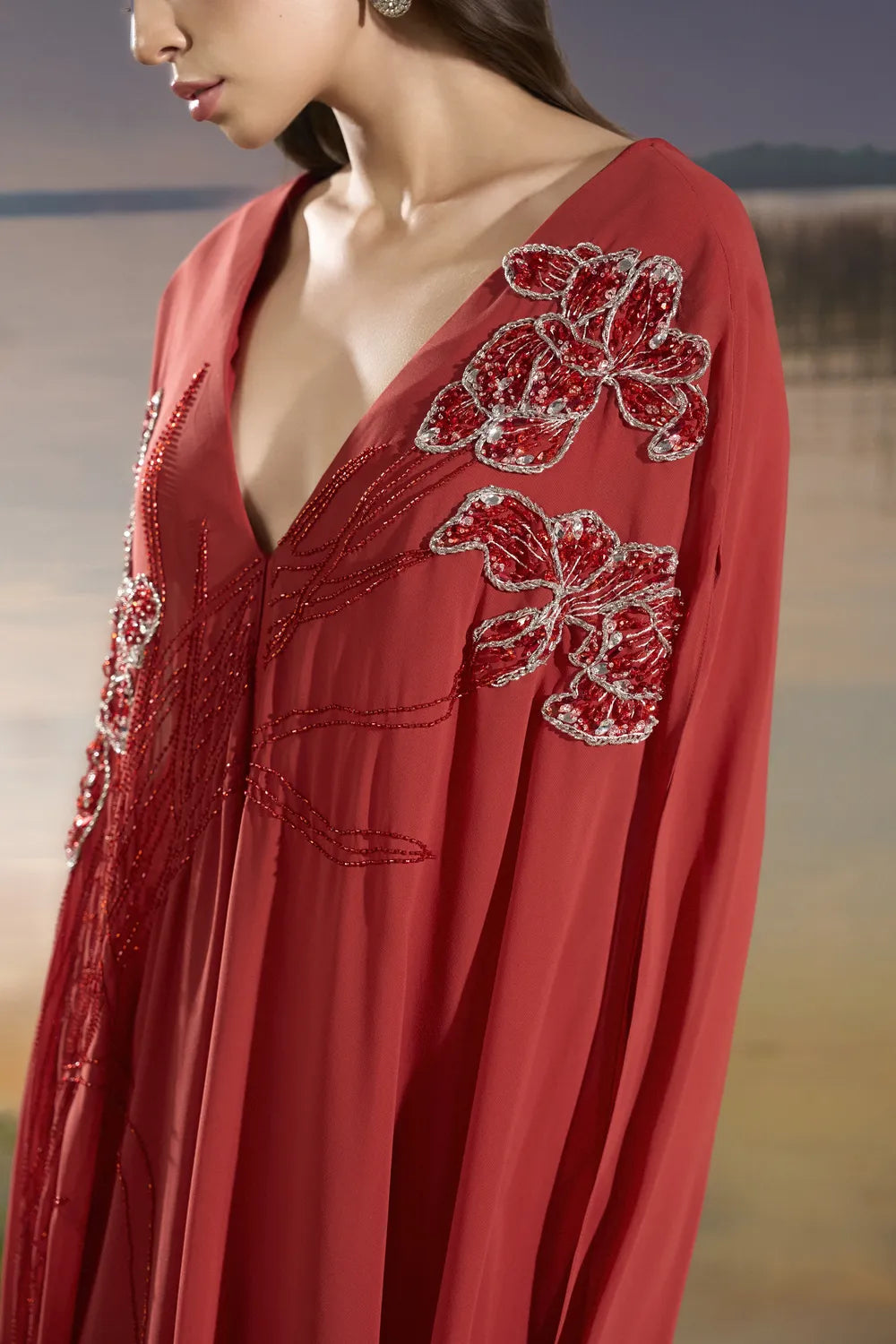 Deep V-Neck Wide Dress - TRACY COUTURE