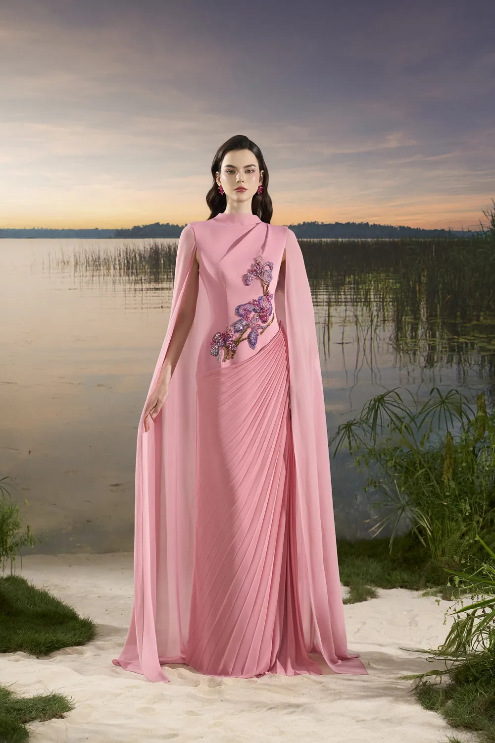Long Flap Diagonal Pleated Dress - TRACY COUTURE