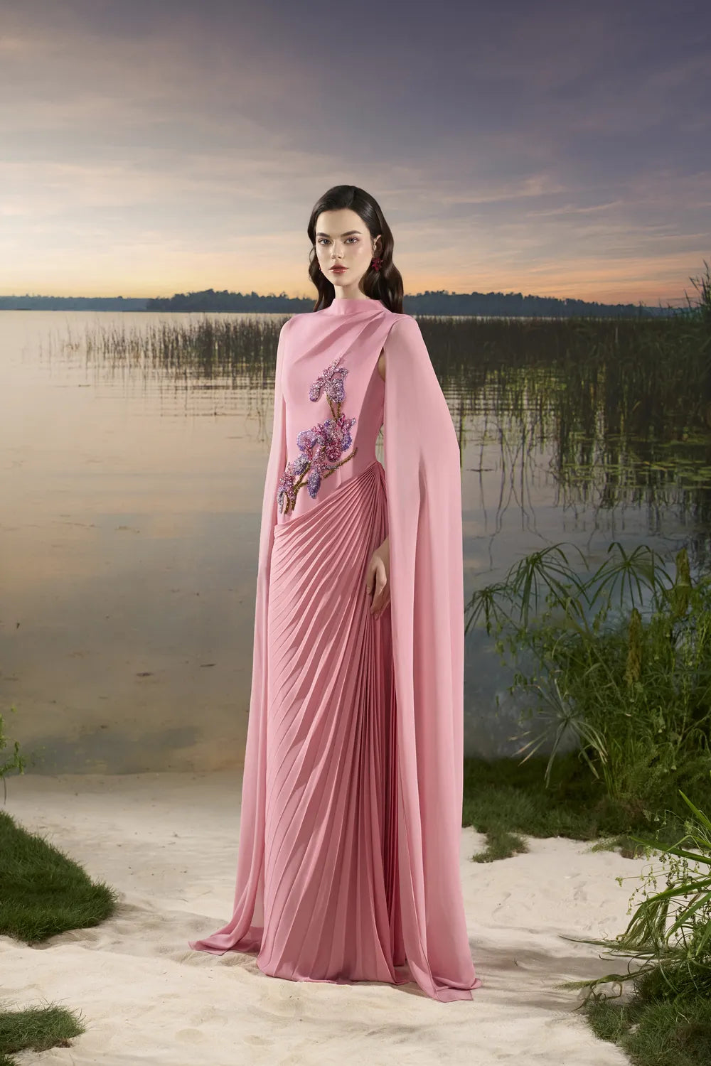 Long Flap Diagonal Pleated Dress - TRACY COUTURE