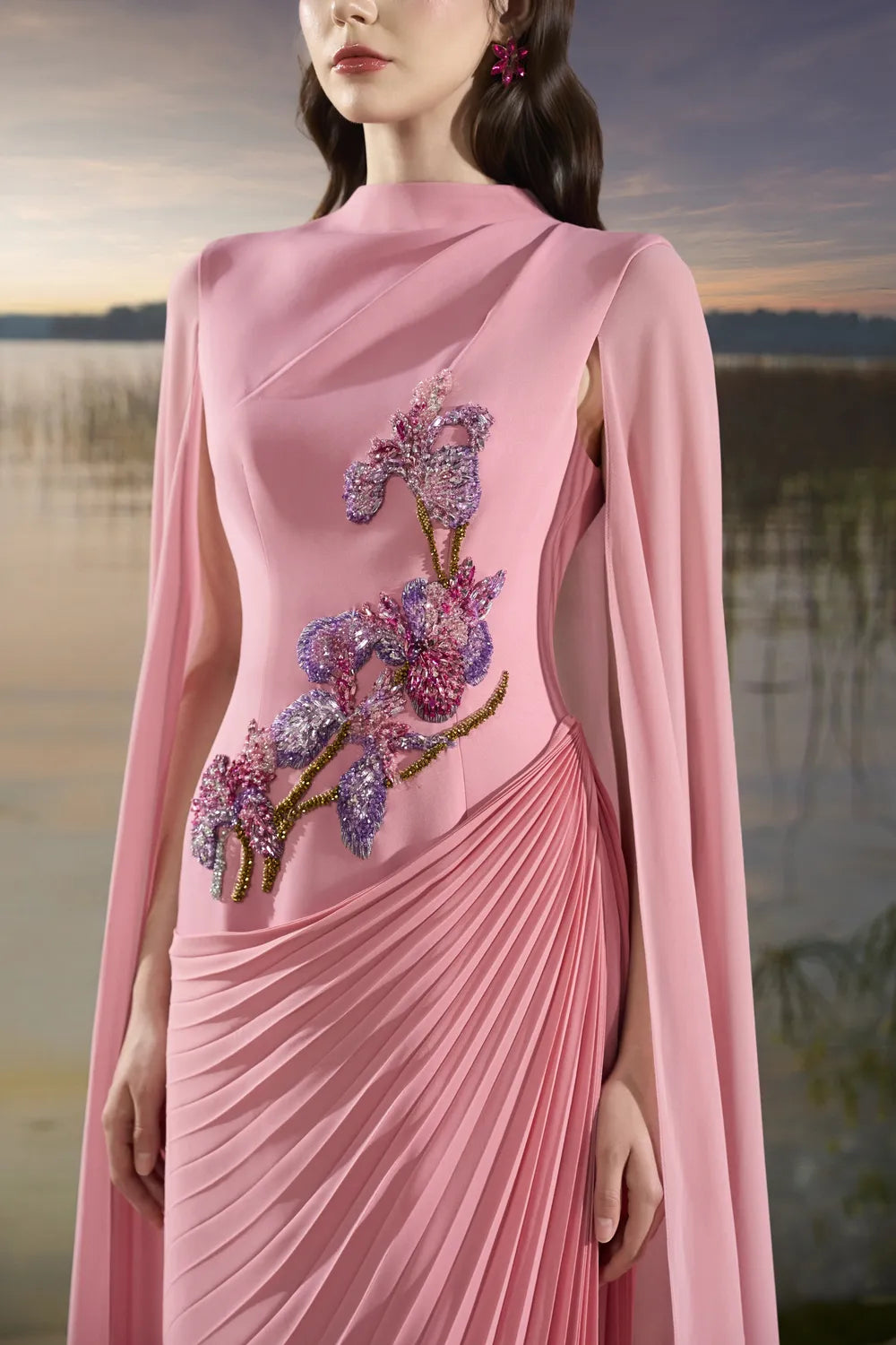 Long Flap Diagonal Pleated Dress - TRACY COUTURE
