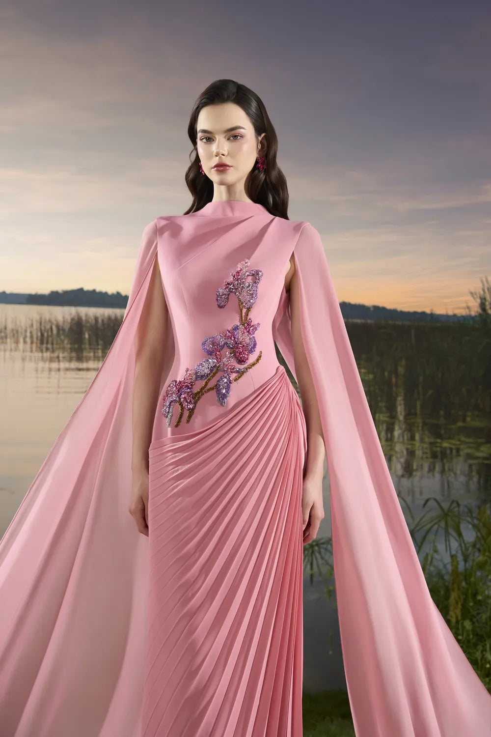 Long Flap Diagonal Pleated Dress - TRACY COUTURE