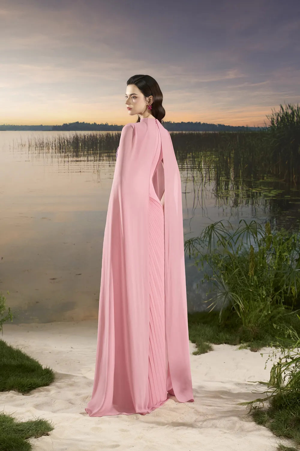 Long Flap Diagonal Pleated Dress - TRACY COUTURE