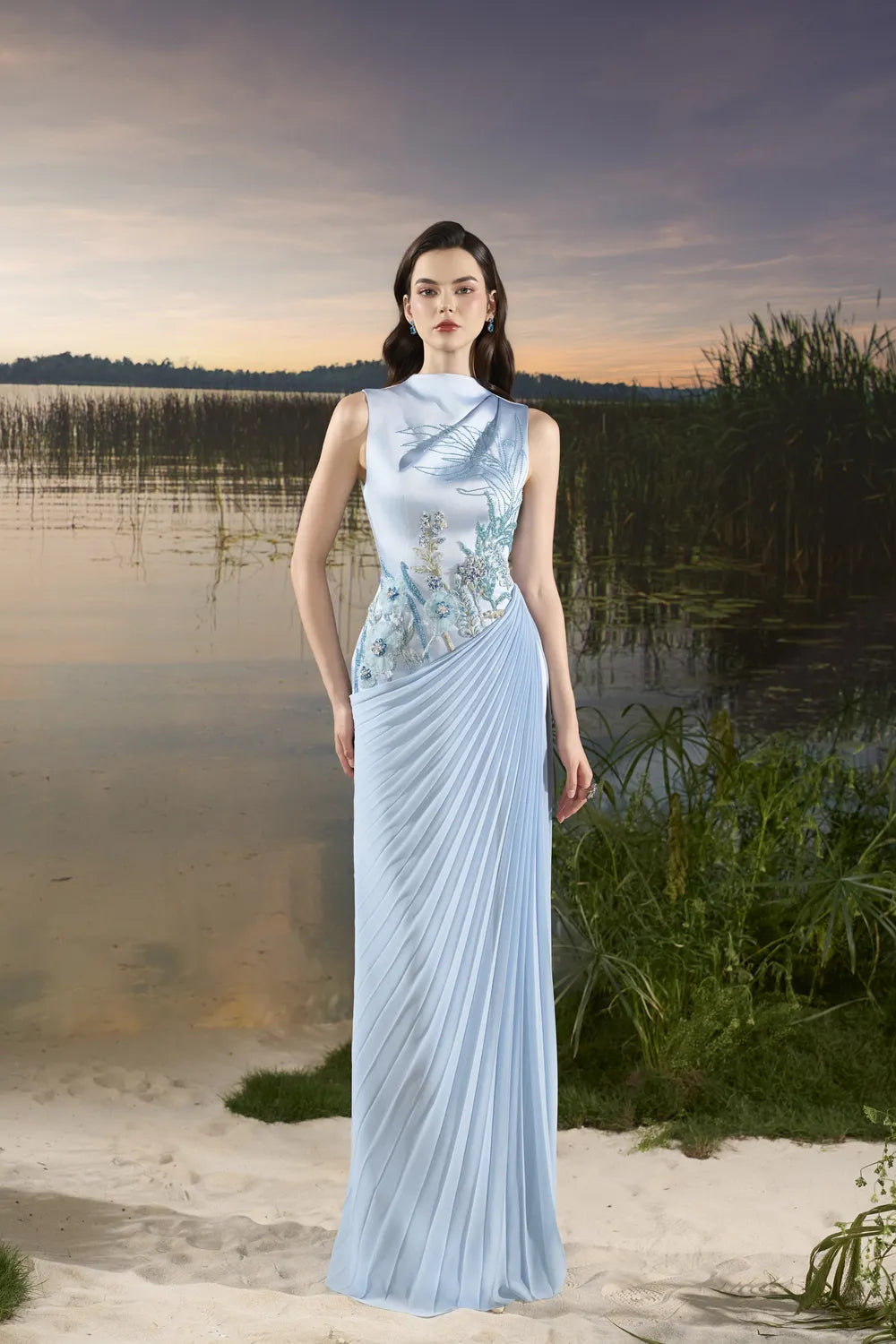 Floral Embellished Diagonal Pleated Dress - TRACY COUTURE