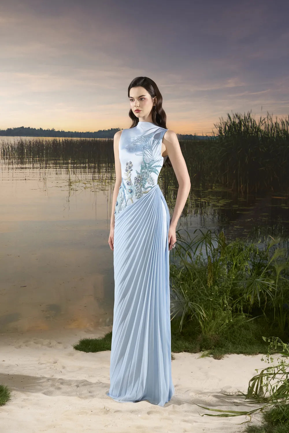 Floral Embellished Diagonal Pleated Dress - TRACY COUTURE