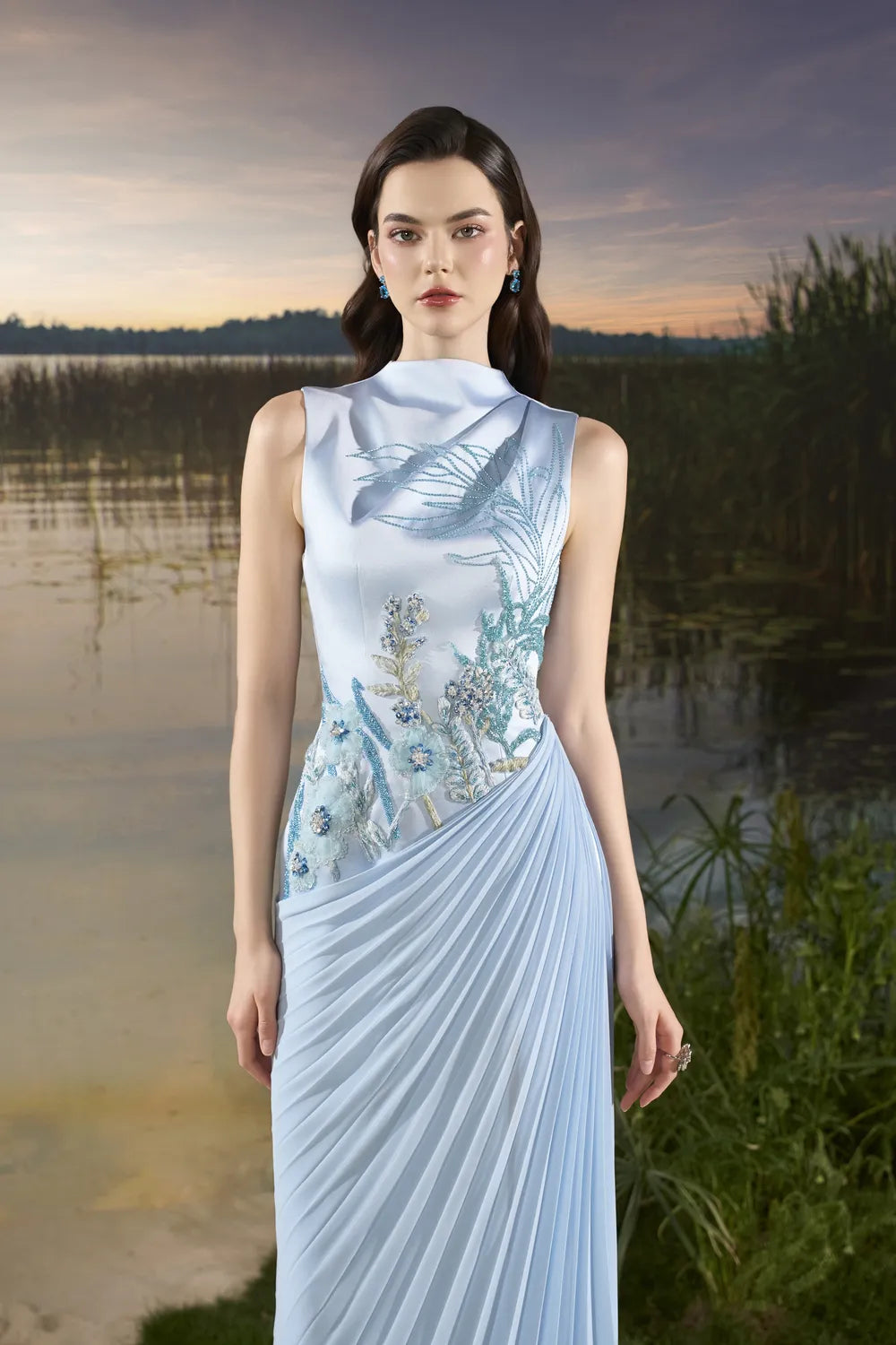 Floral Embellished Diagonal Pleated Dress - TRACY COUTURE