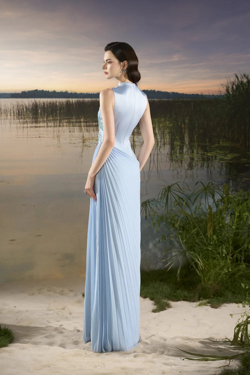 Floral Embellished Diagonal Pleated Dress - TRACY COUTURE