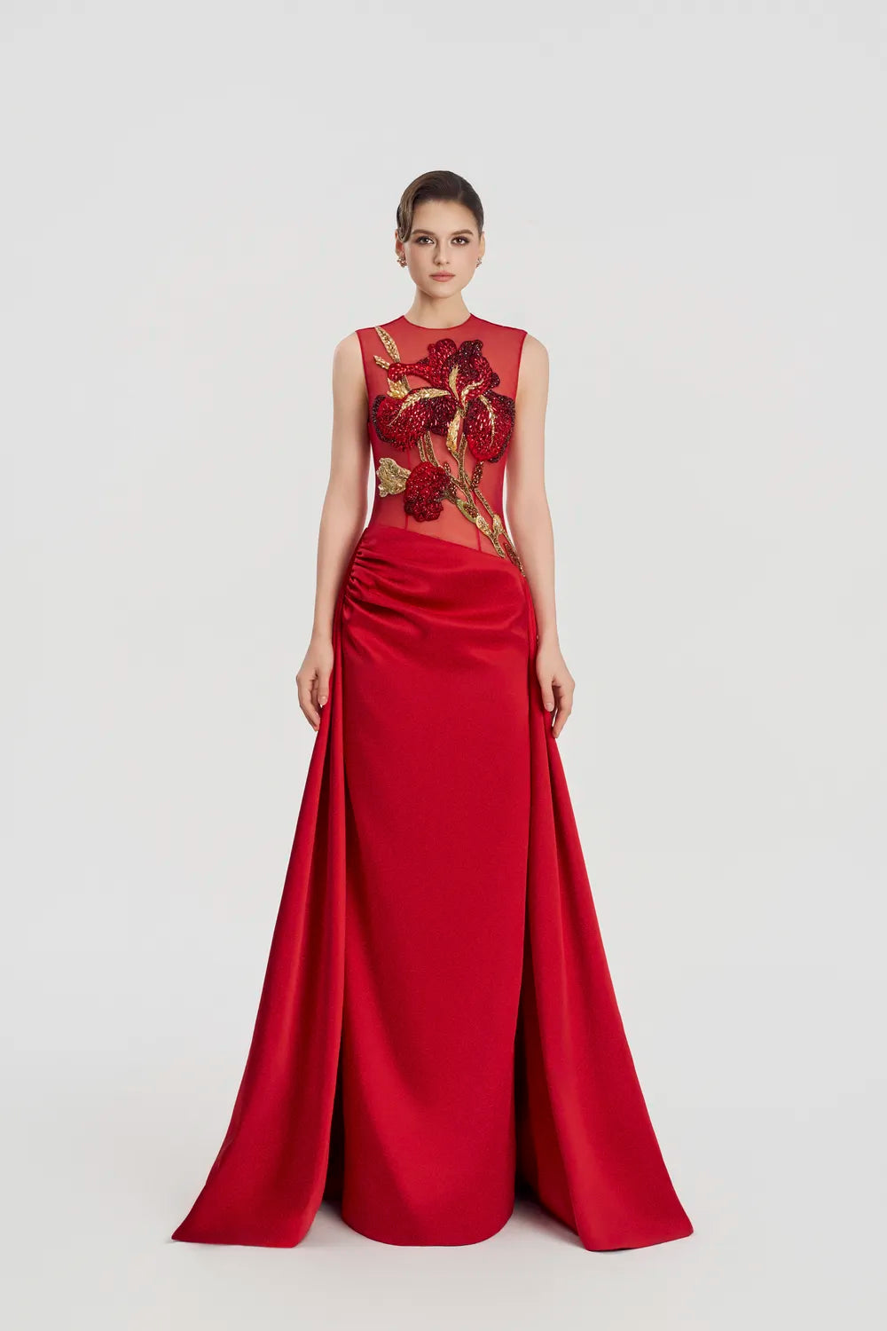 Sleeveless Draped Flared Skirt Flap Dress - TRACY COUTURE