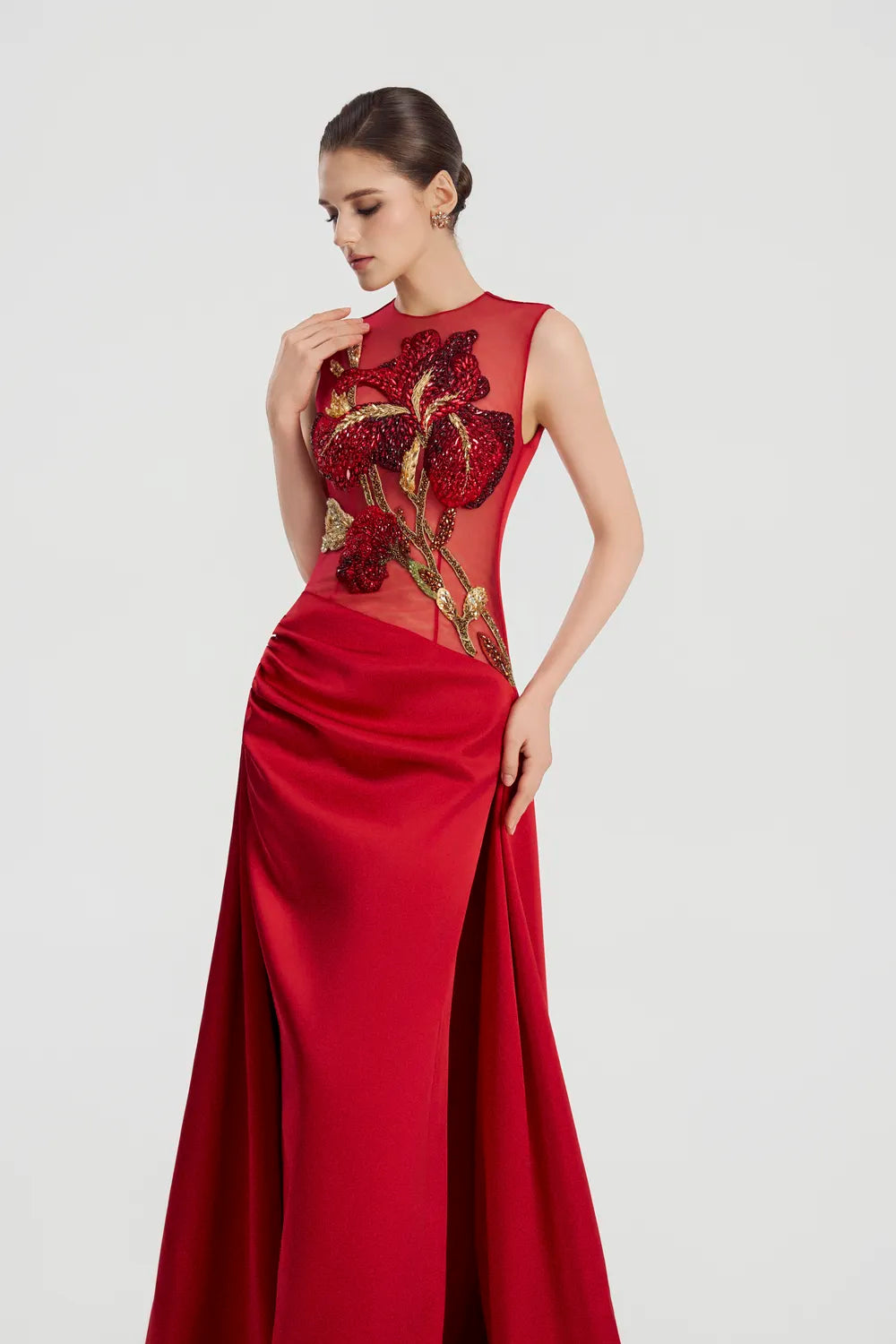 Sleeveless Draped Flared Skirt Flap Dress - TRACY COUTURE
