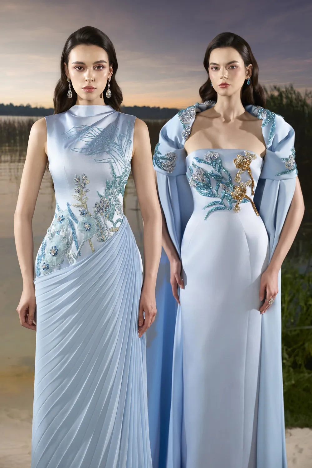 Floral Embellished Diagonal Pleated Dress - TRACY COUTURE