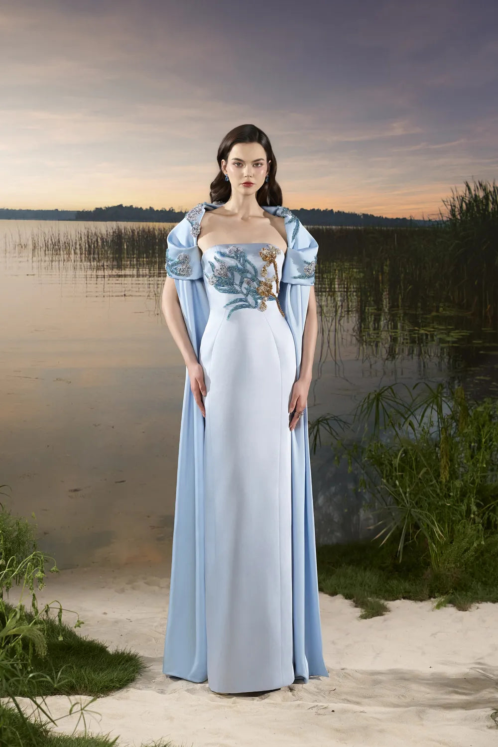 Puffy Shoulder Cape Strapless Dress - TRACY COUTURE