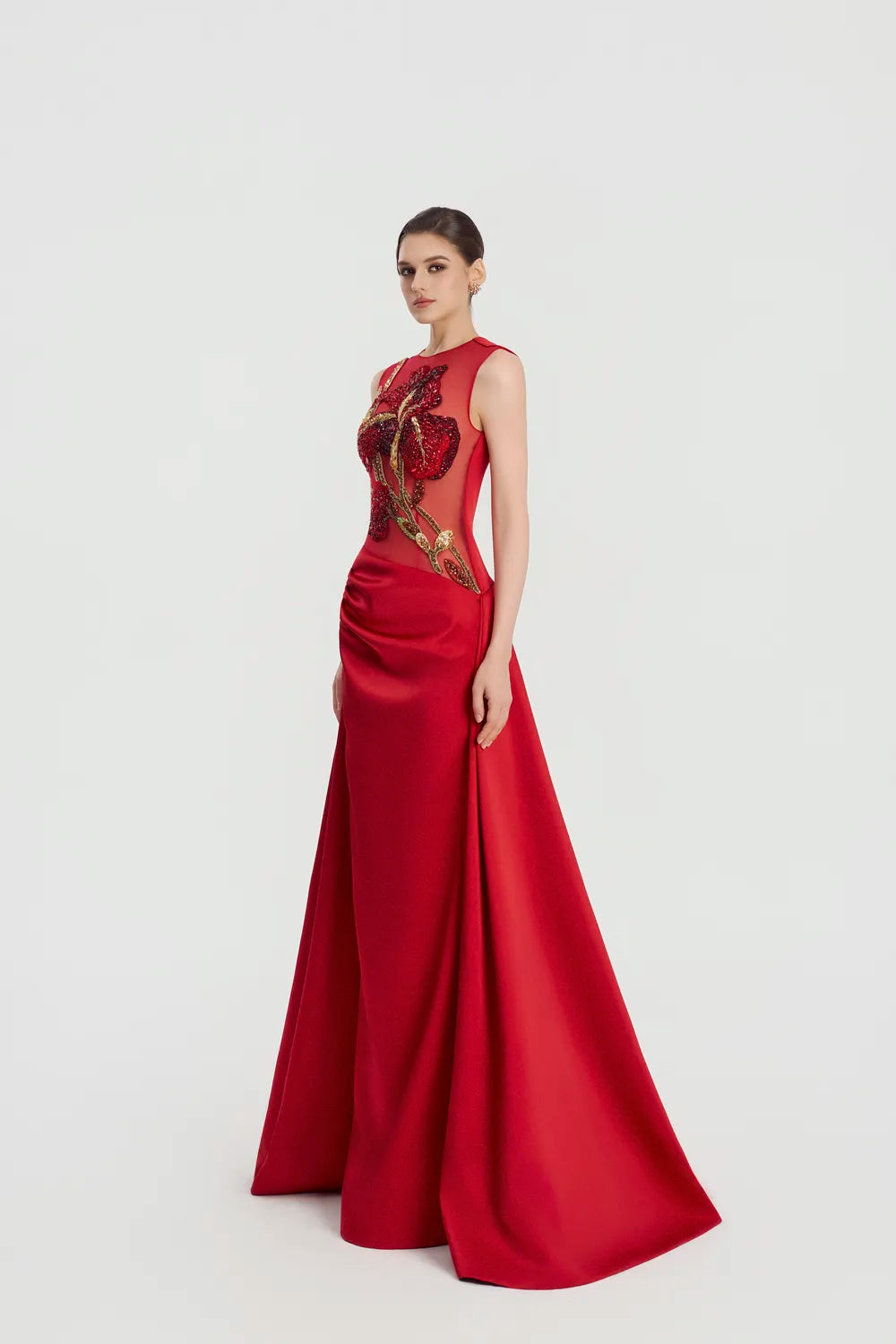 Sleeveless Draped Flared Skirt Flap Dress - TRACY COUTURE