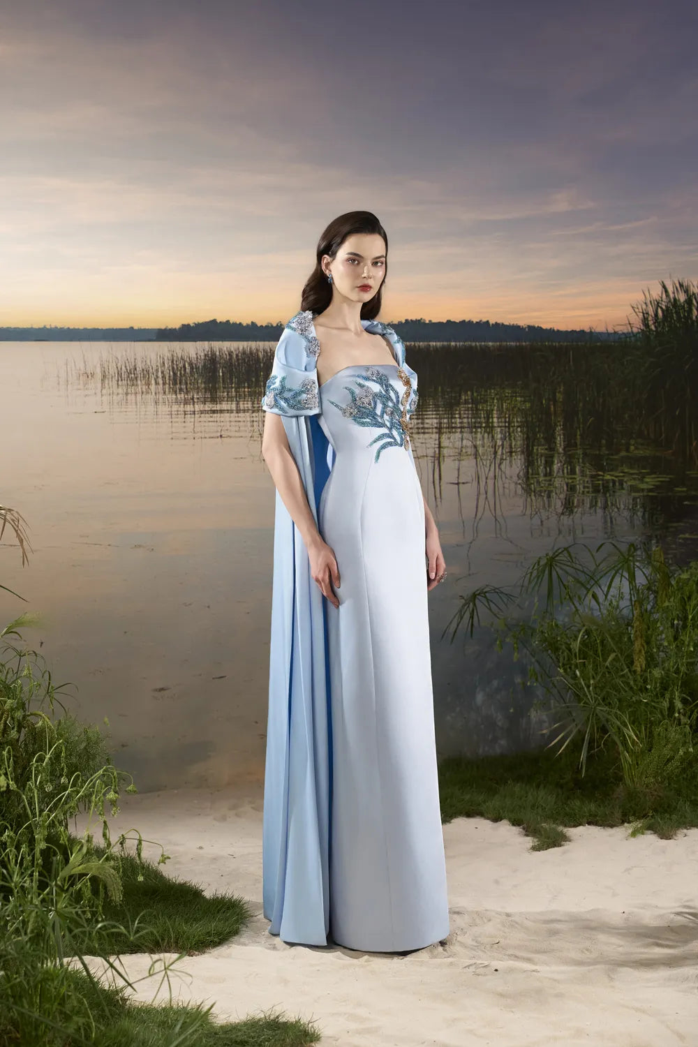 Puffy Shoulder Cape Strapless Dress - TRACY COUTURE