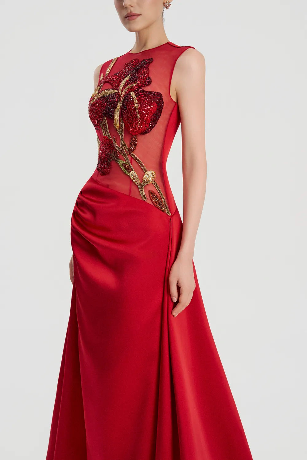 Sleeveless Draped Flared Skirt Flap Dress - TRACY COUTURE