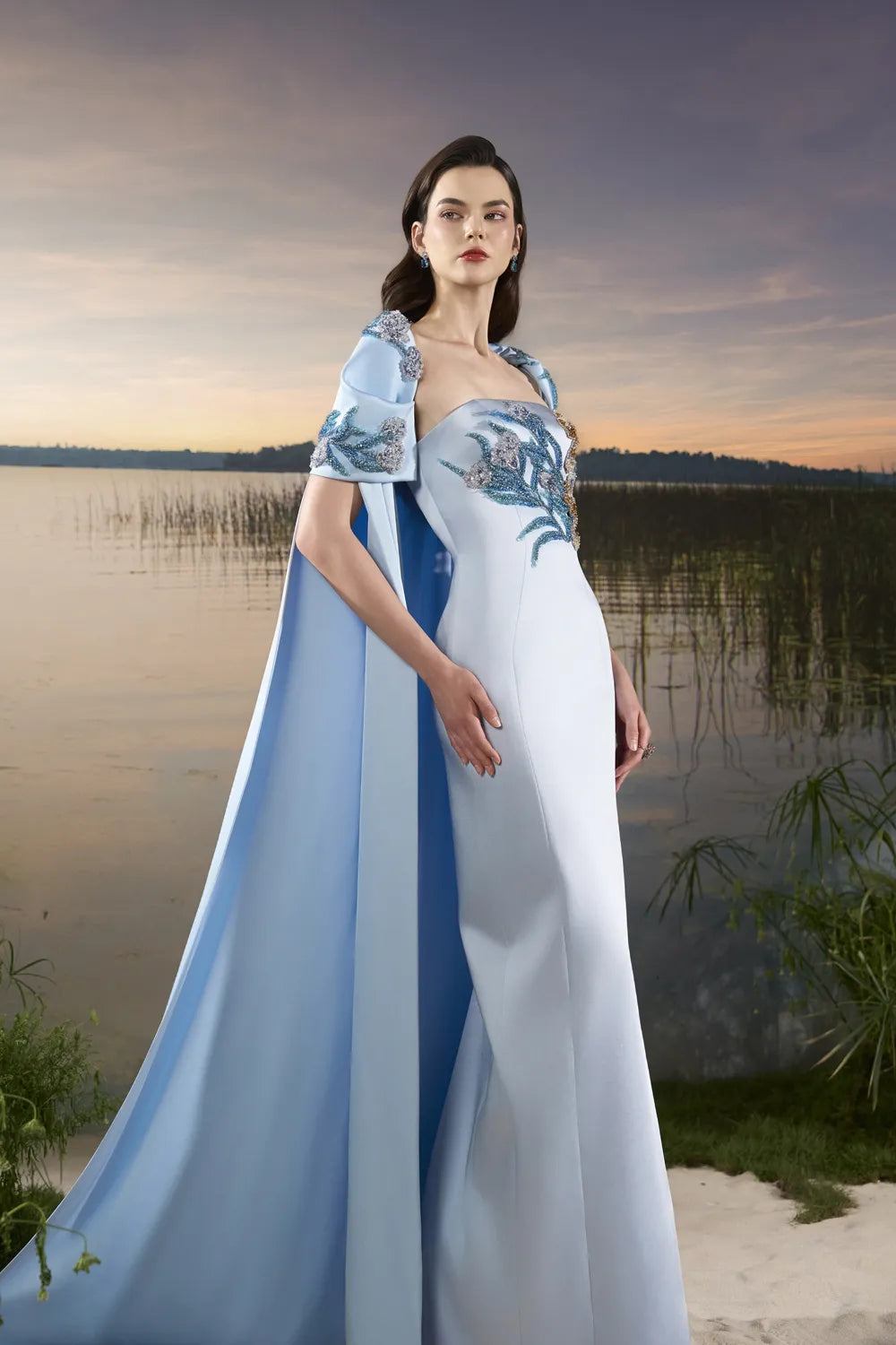 Puffy Shoulder Cape Strapless Dress - TRACY COUTURE