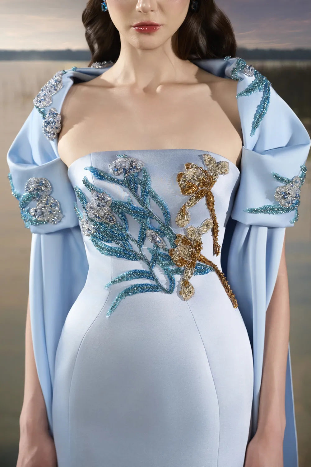 Puffy Shoulder Cape Strapless Dress - TRACY COUTURE