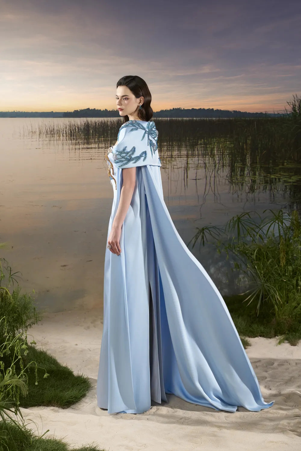 Puffy Shoulder Cape Strapless Dress - TRACY COUTURE
