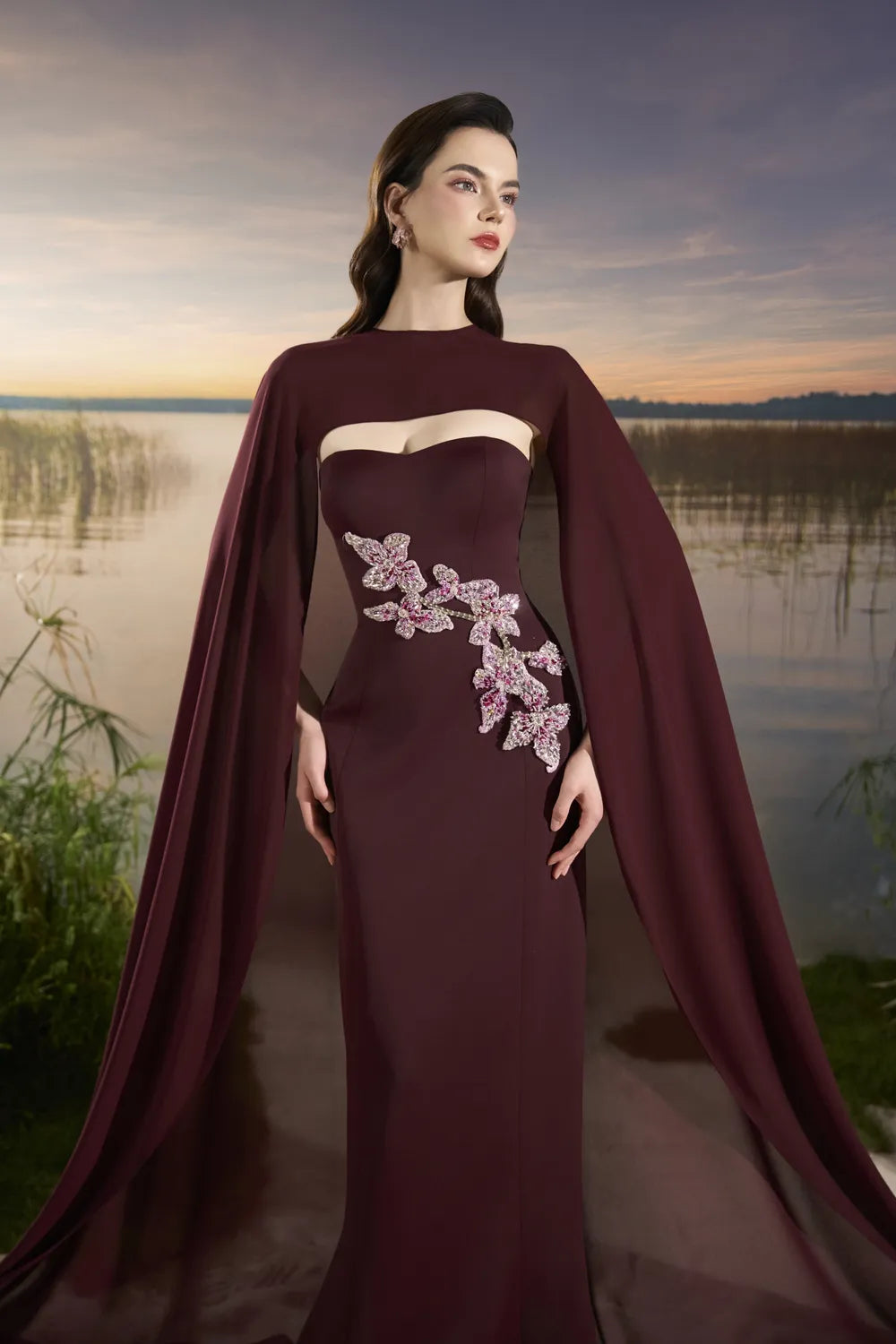 Open Chest Floral Embellished Dress - TRACY COUTURE