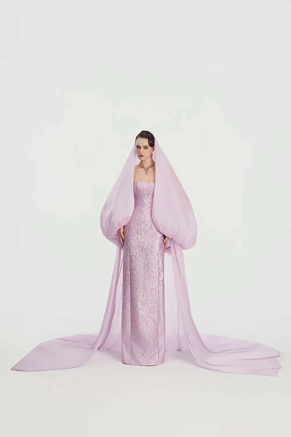 Hooded Veil Cape Long Flap Straight Dress Set - TRACY COUTURE