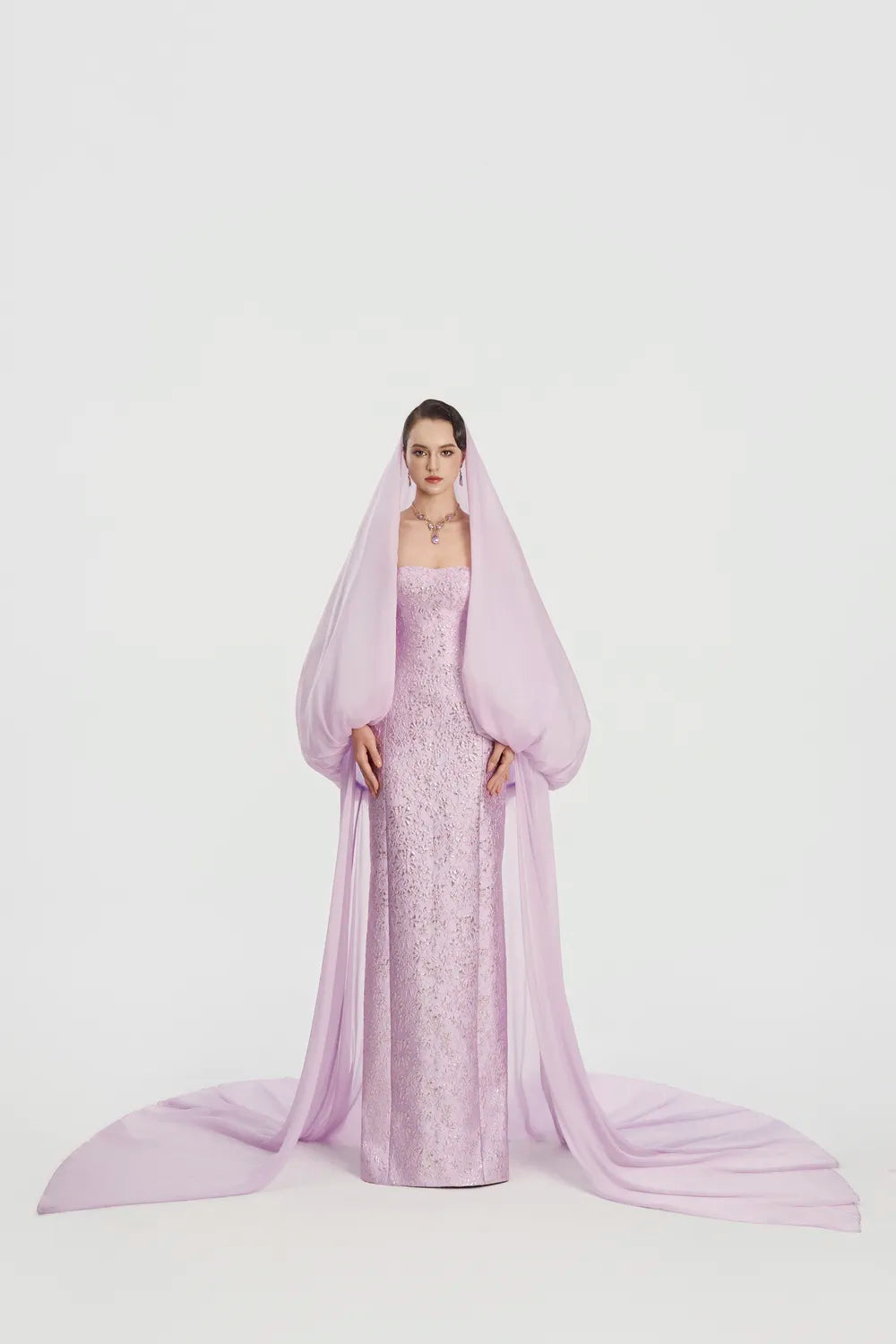 Hooded Veil Cape Long Flap Straight Dress Set - TRACY COUTURE