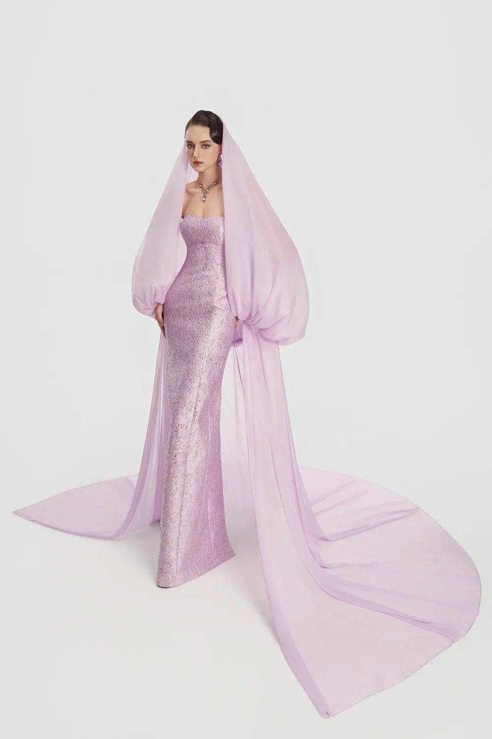 Hooded Veil Cape Long Flap Straight Dress Set - TRACY COUTURE