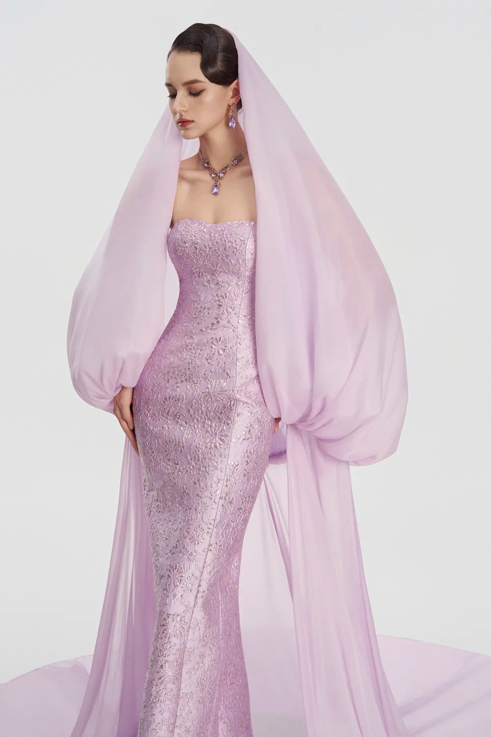 Hooded Veil Cape Long Flap Straight Dress Set - TRACY COUTURE