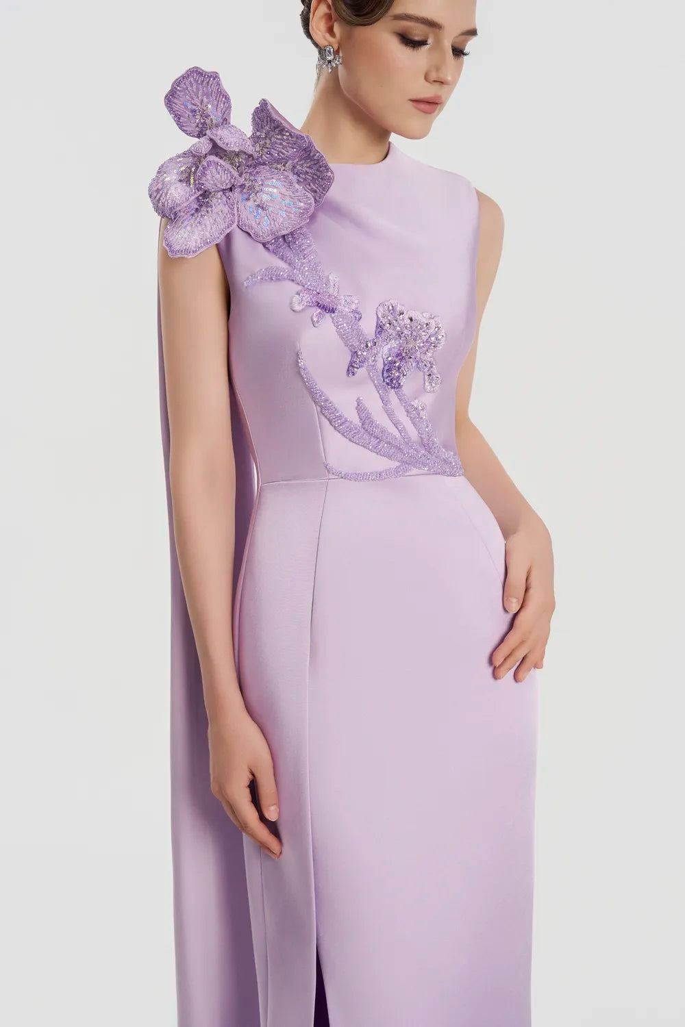Sleeveless Double Slit Straight Dress - TRACY COUTURE