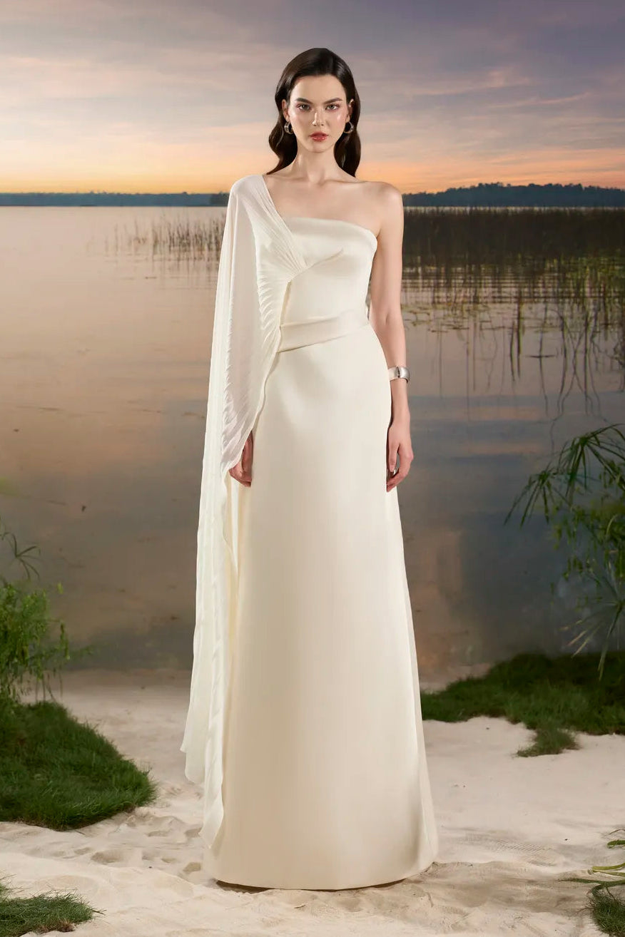 Asymmetric Pleated Cape Sleeve Dress - TRACY COUTURE