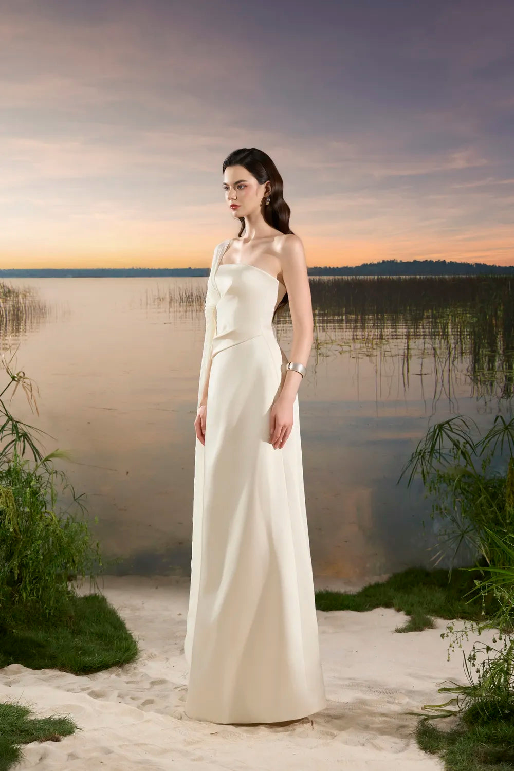 Asymmetric Pleated Cape Sleeve Dress - TRACY COUTURE