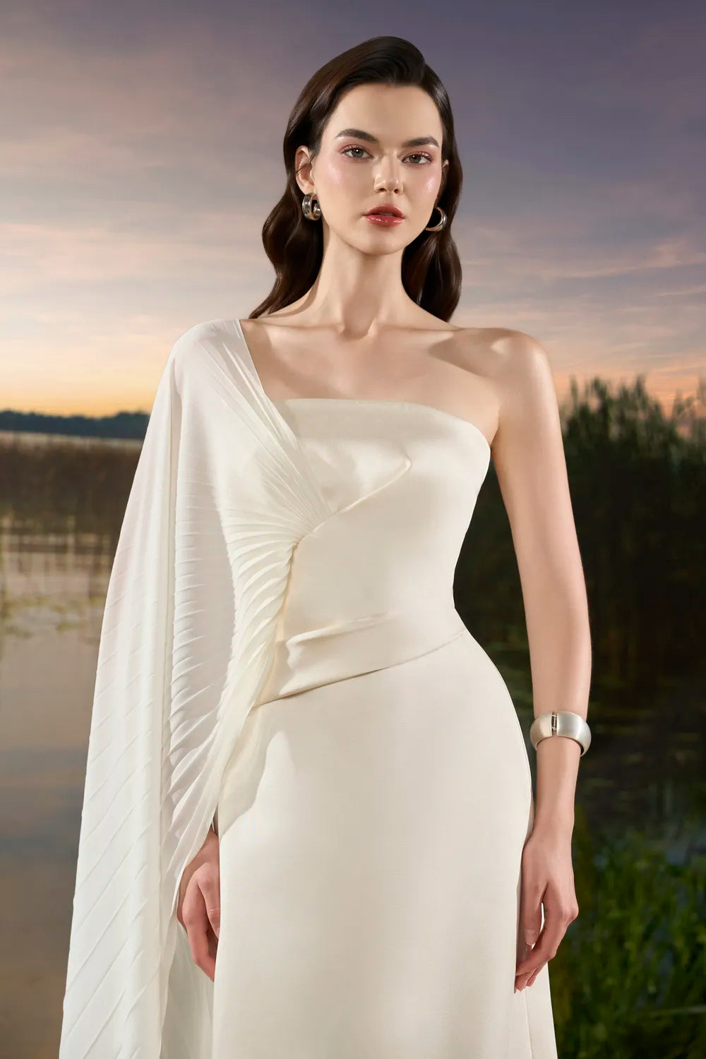 Asymmetric Pleated Cape Sleeve Dress - TRACY COUTURE