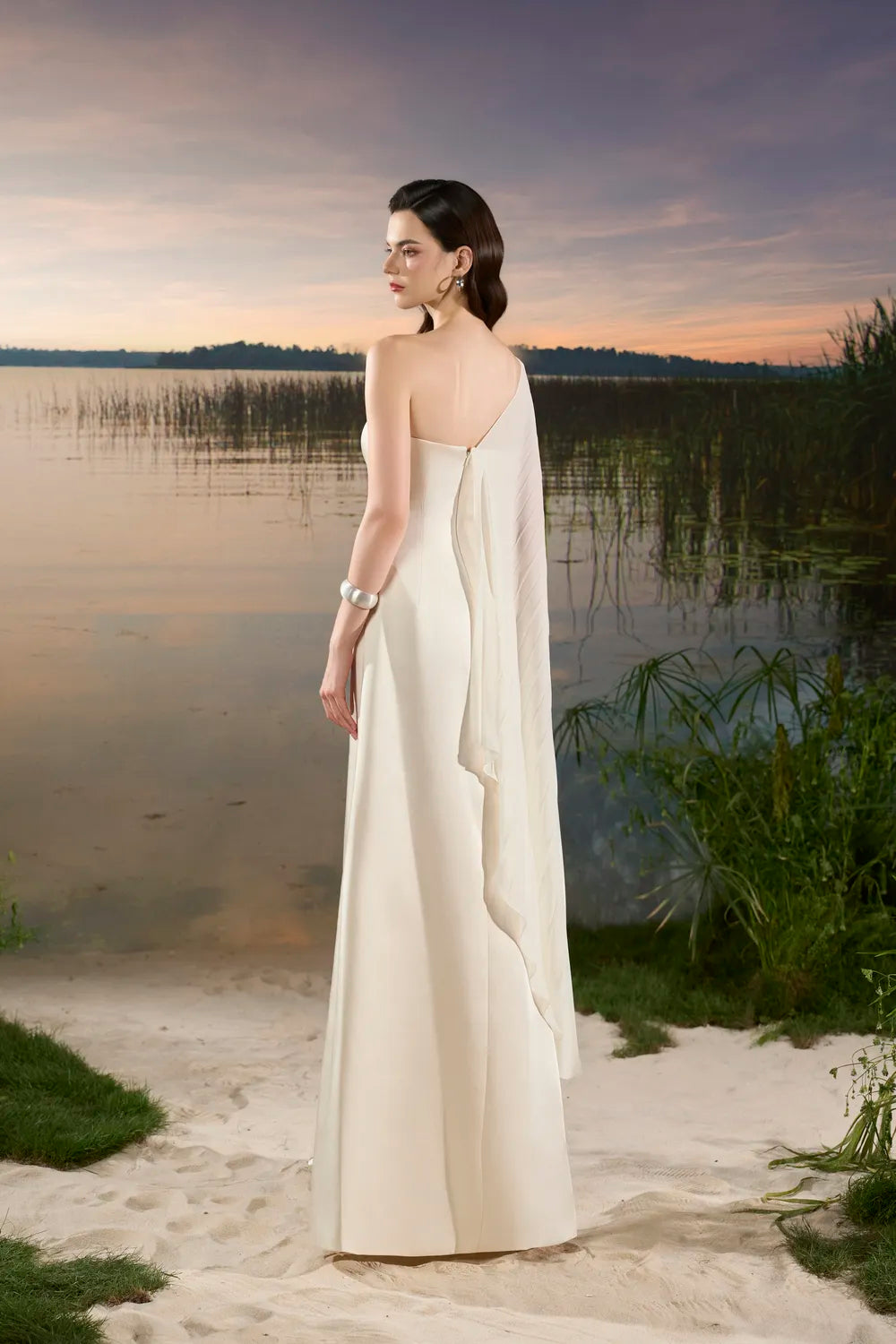 Asymmetric Pleated Cape Sleeve Dress - TRACY COUTURE