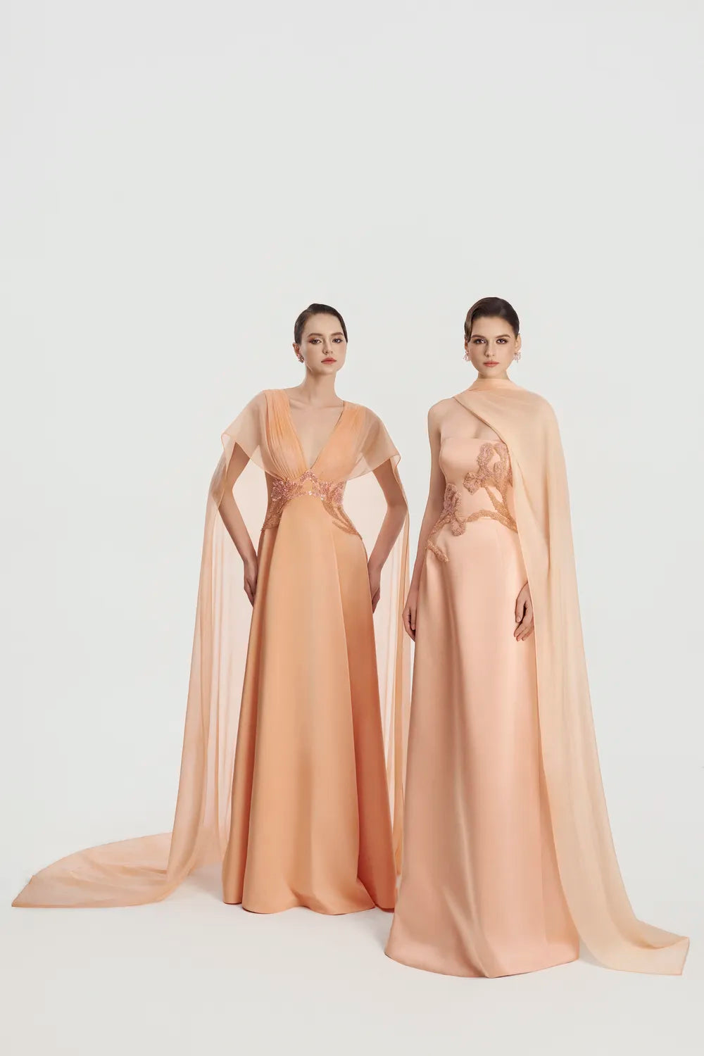 Asymmetric Long Cape Floral Embellished Dress - TRACY COUTURE