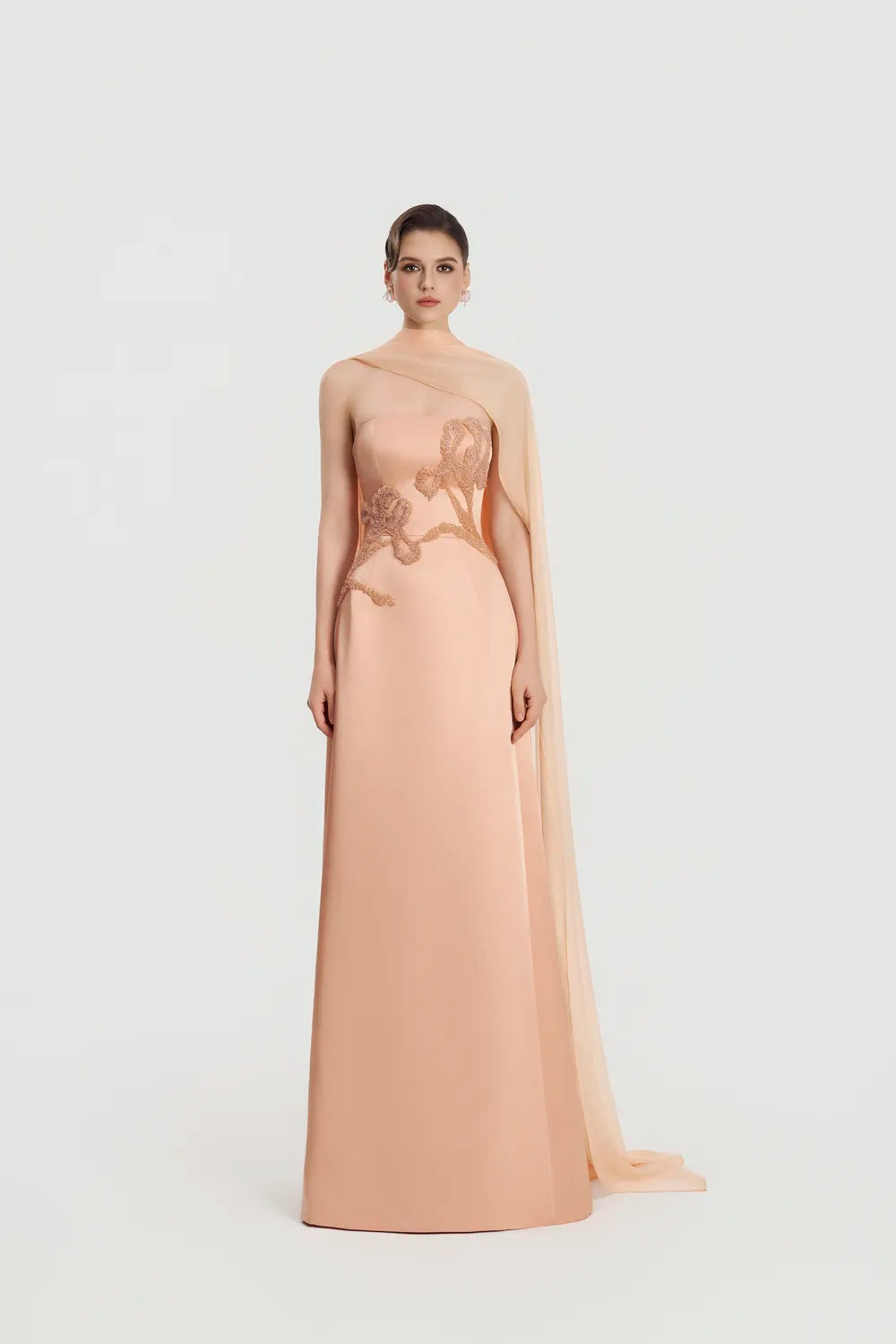 Asymmetric Long Cape Floral Embellished Dress - TRACY COUTURE