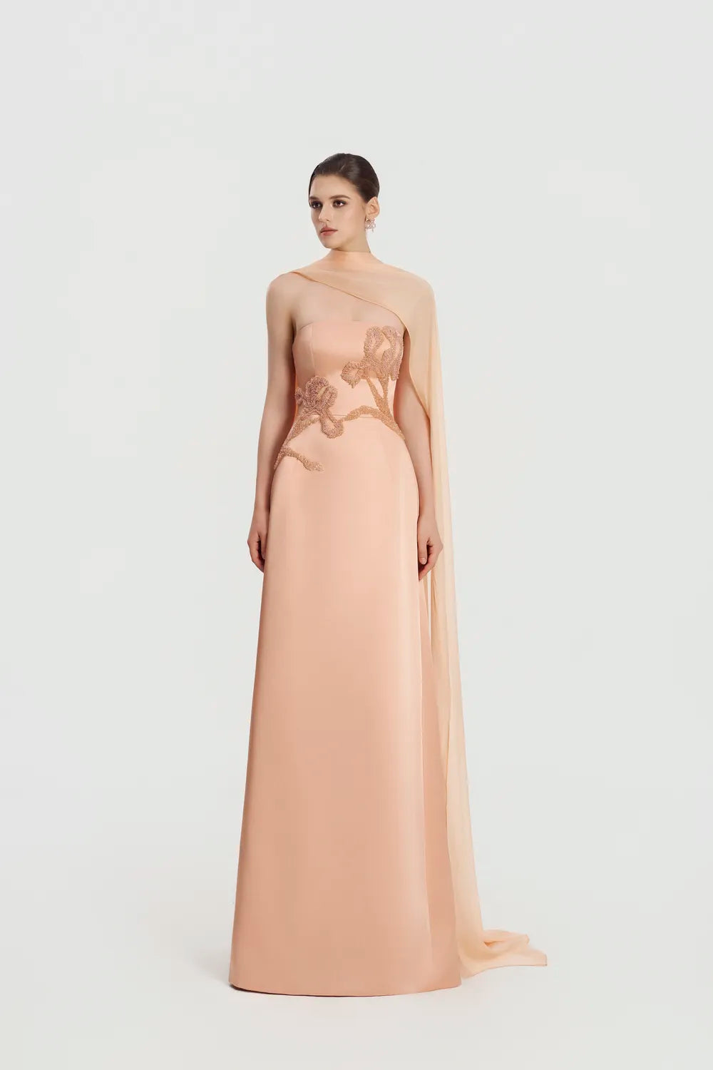 Asymmetric Long Cape Floral Embellished Dress - TRACY COUTURE