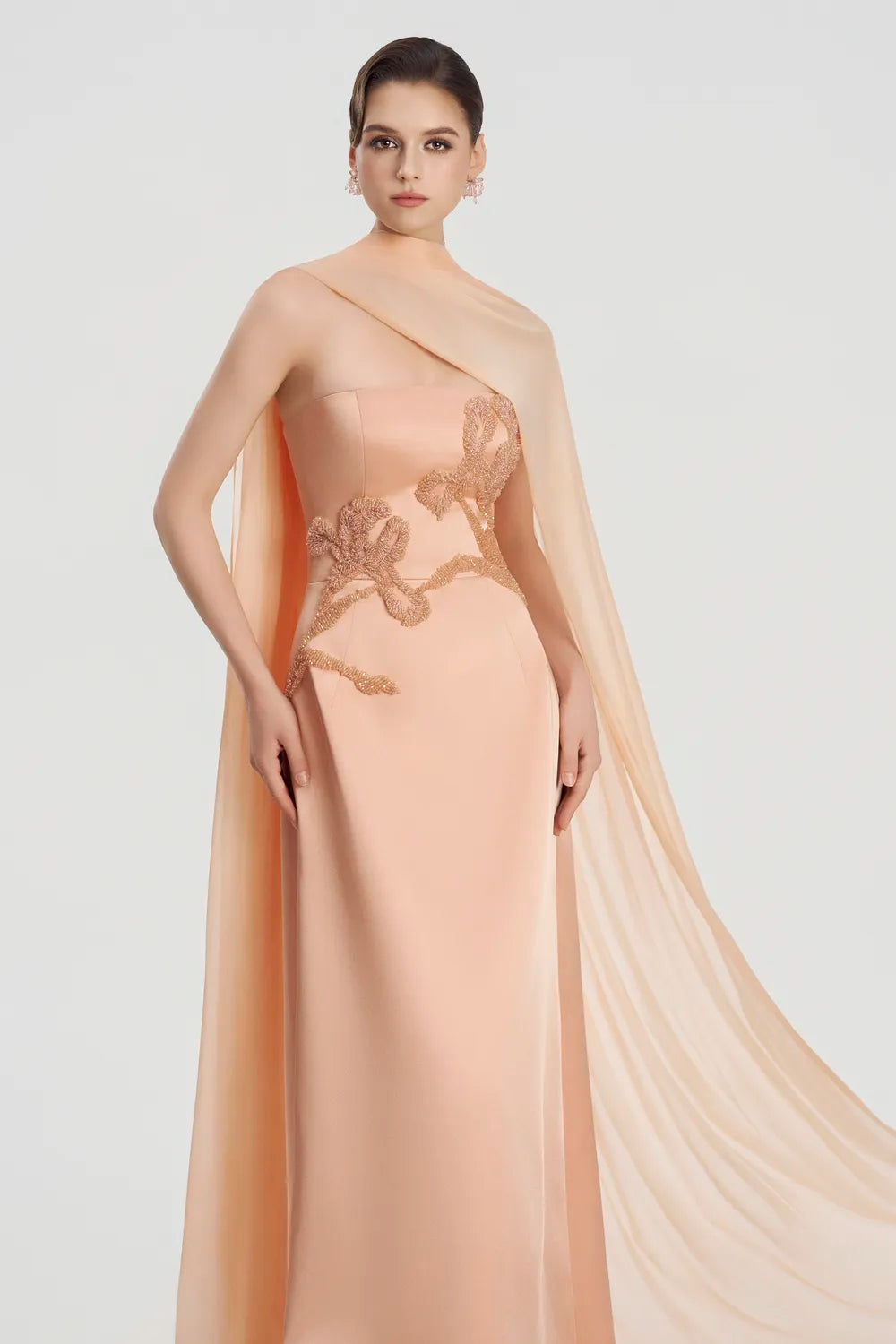 Asymmetric Long Cape Floral Embellished Dress - TRACY COUTURE