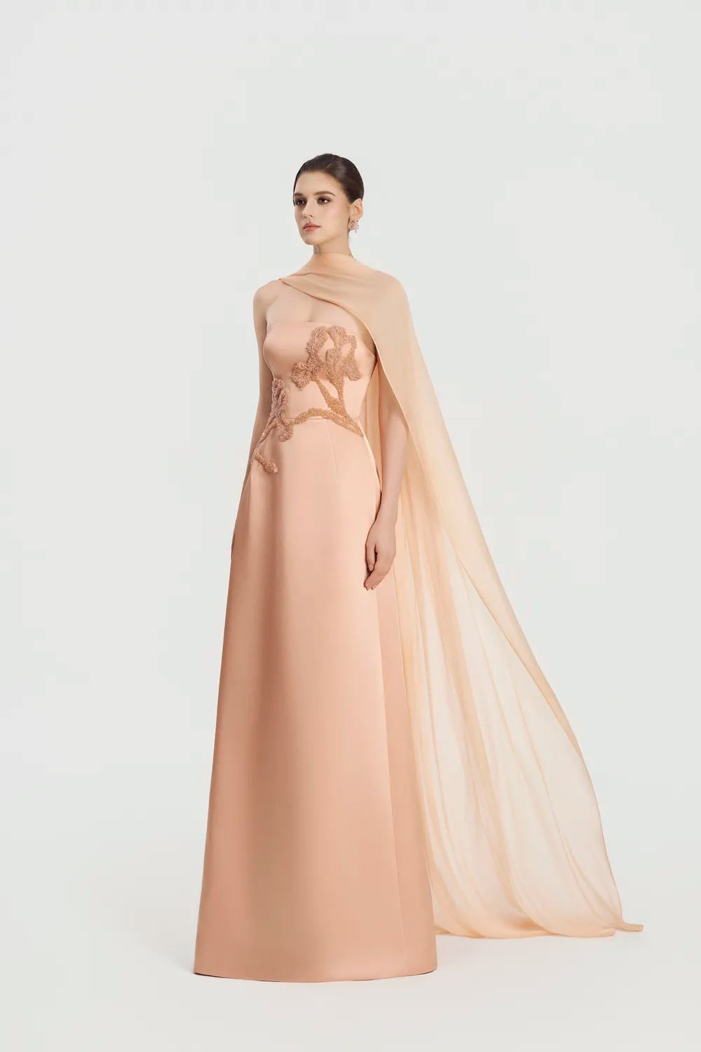 Asymmetric Long Cape Floral Embellished Dress - TRACY COUTURE