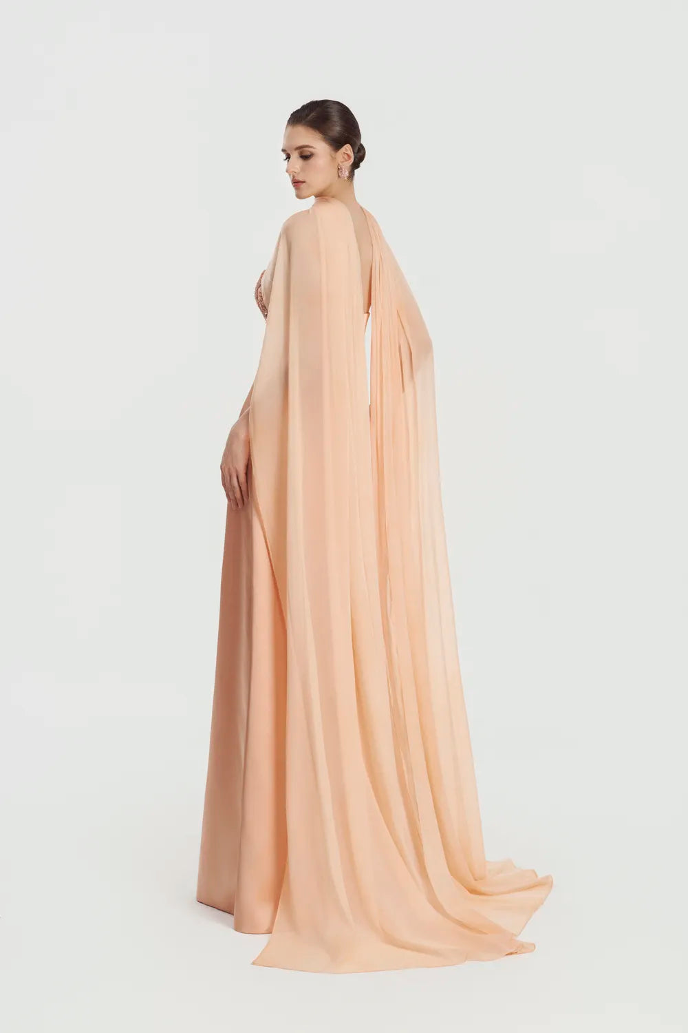 Asymmetric Long Cape Floral Embellished Dress - TRACY COUTURE