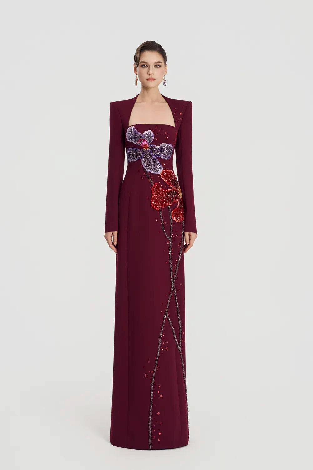 Trapezium Neckline Floral Embellished Dress - TRACY COUTURE